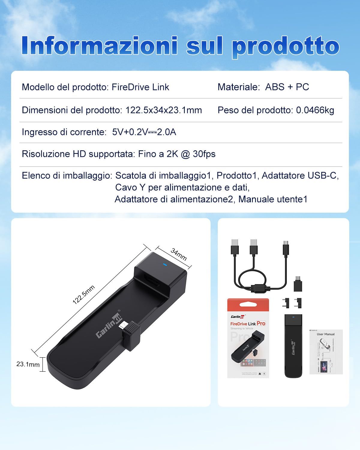 Carlinkit CarPlay e Android Auto, FireDrive Link Pro con HDMI per Fire TV Stick, dongle wireless e convertitore TV auto per CarPlay con cavo OEM, Plug