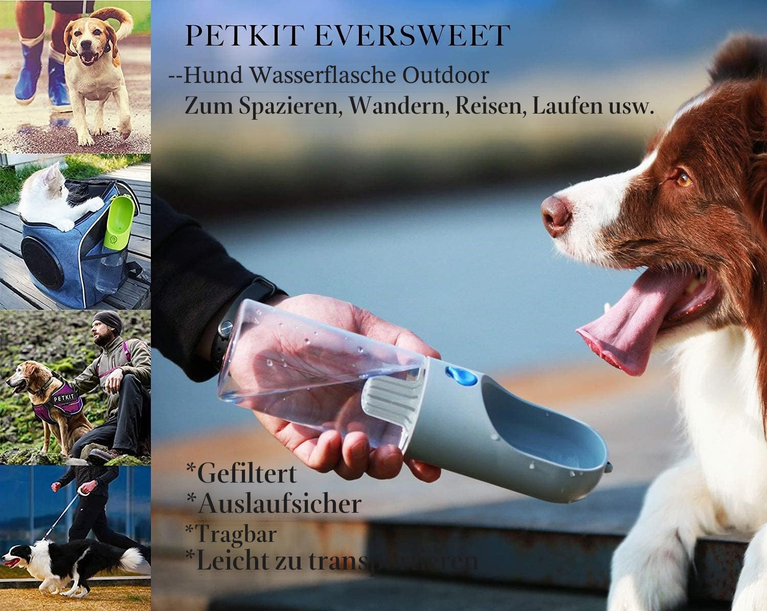 PETKIT EVERSWEET Tragbare Trinkflasche für Hund, Haustiere,BPA frei, Wasserschüssel,400ml,Grau