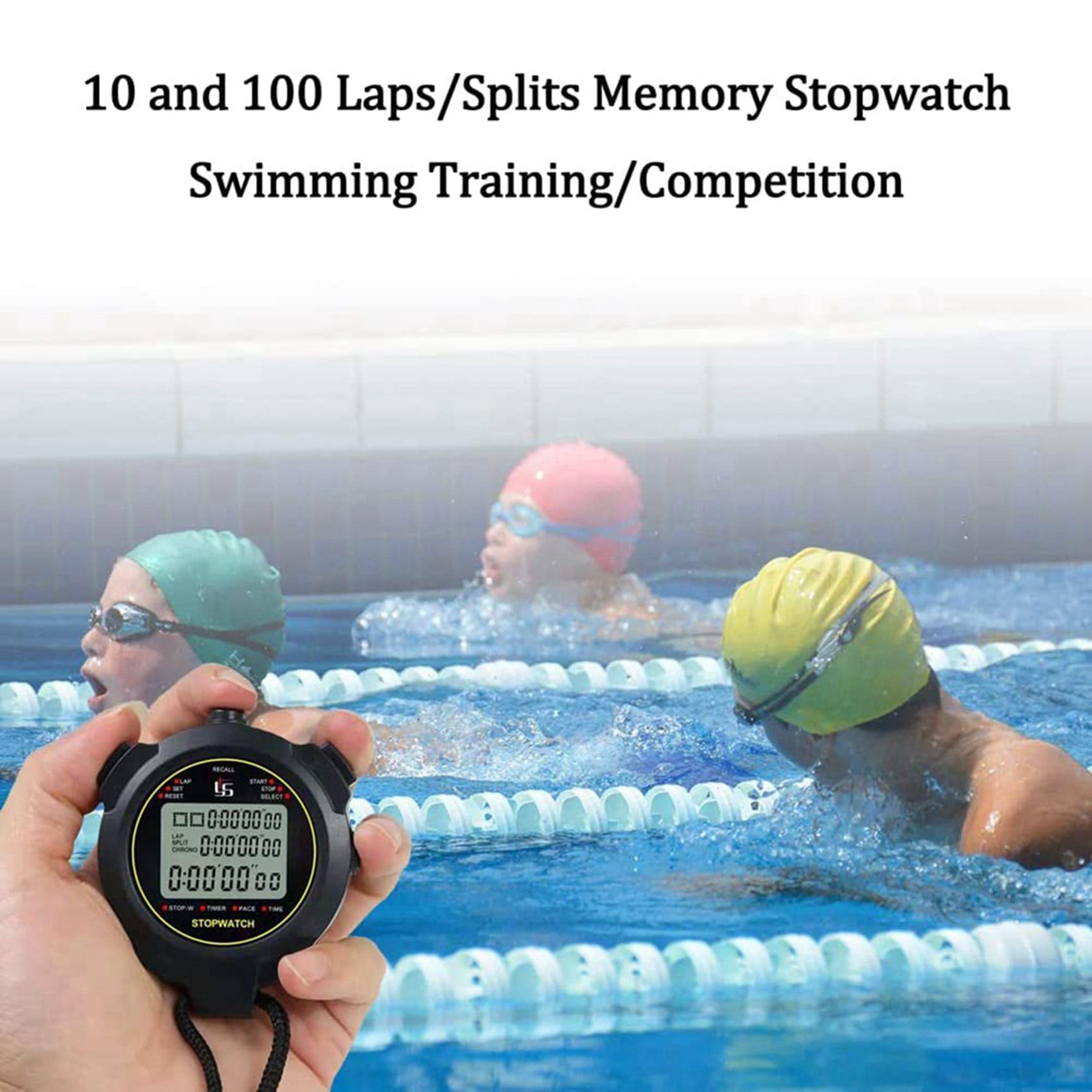 Bloepum 6X Digital Sports Stopwatch, 10Lap /Split Memory Stopwatch Count Down Timer, Large Display Waterproof 12/24 Hour Clock