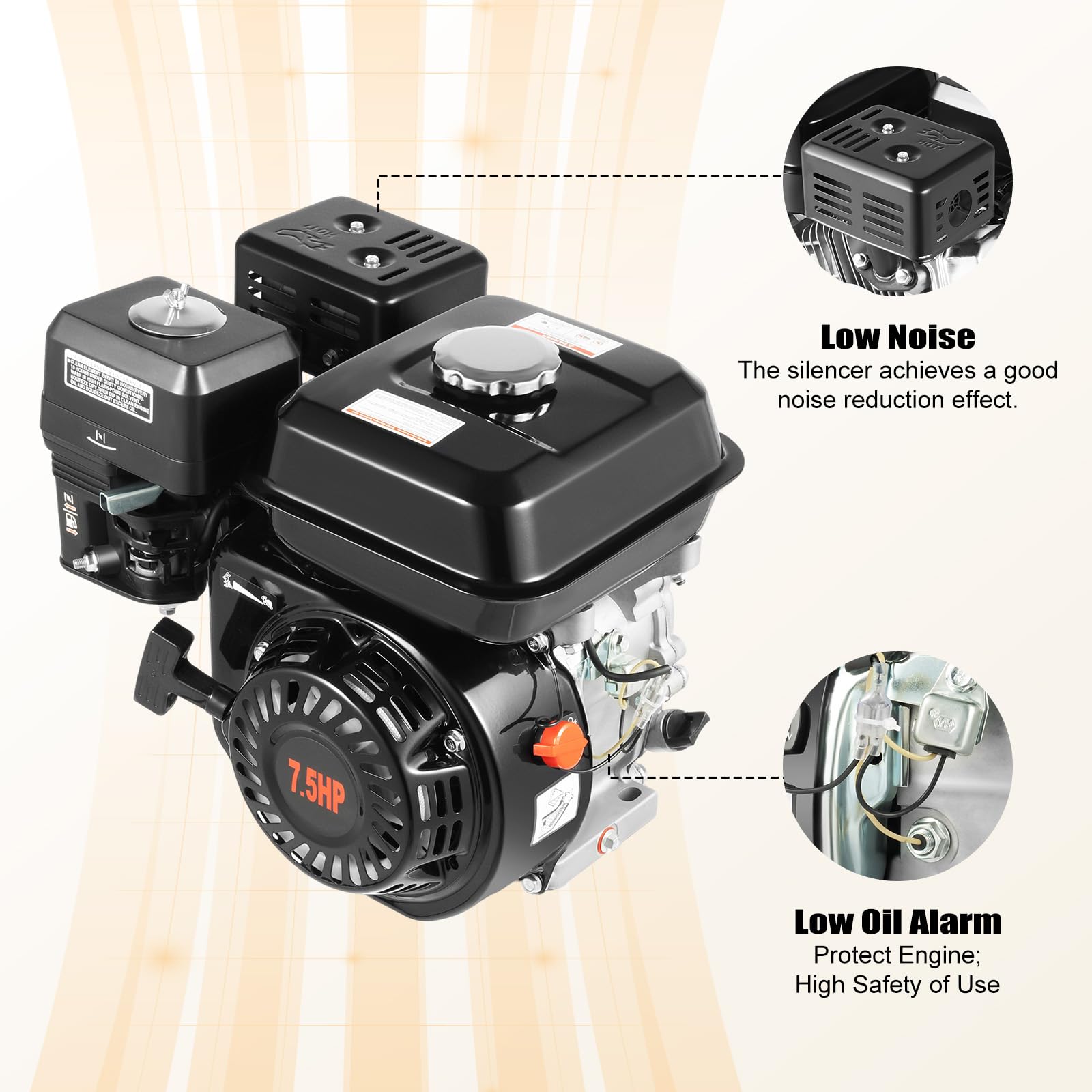 Motore a benzina a 4 tempi, 7 HP, 5100 W, silenzioso, per pompe dell'acqua, generatori, go-kart, 5,1 kW, raffreddamento ad aria, motore monocilindrico, 3600 giri/min, 215 cc (7 HP, nero)