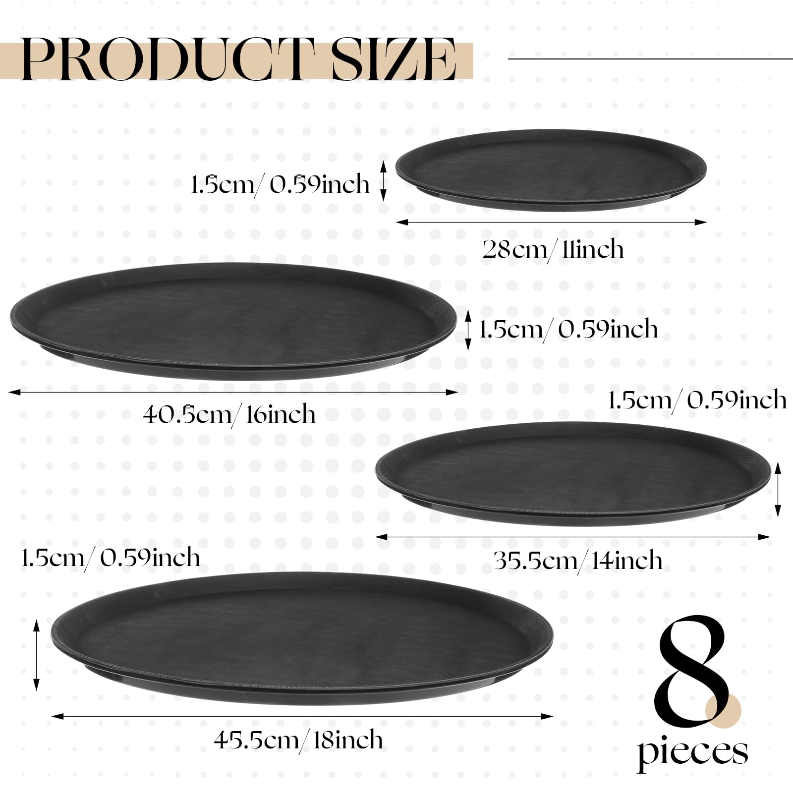 Zopeal 8 Pieces Black Round Restaurant Serving Tray, Plastic Non Slip Surface Food Meals Server Tray with Raised Edges for Home, Kitchen, Restaurant, Cafeteria, Bar(11