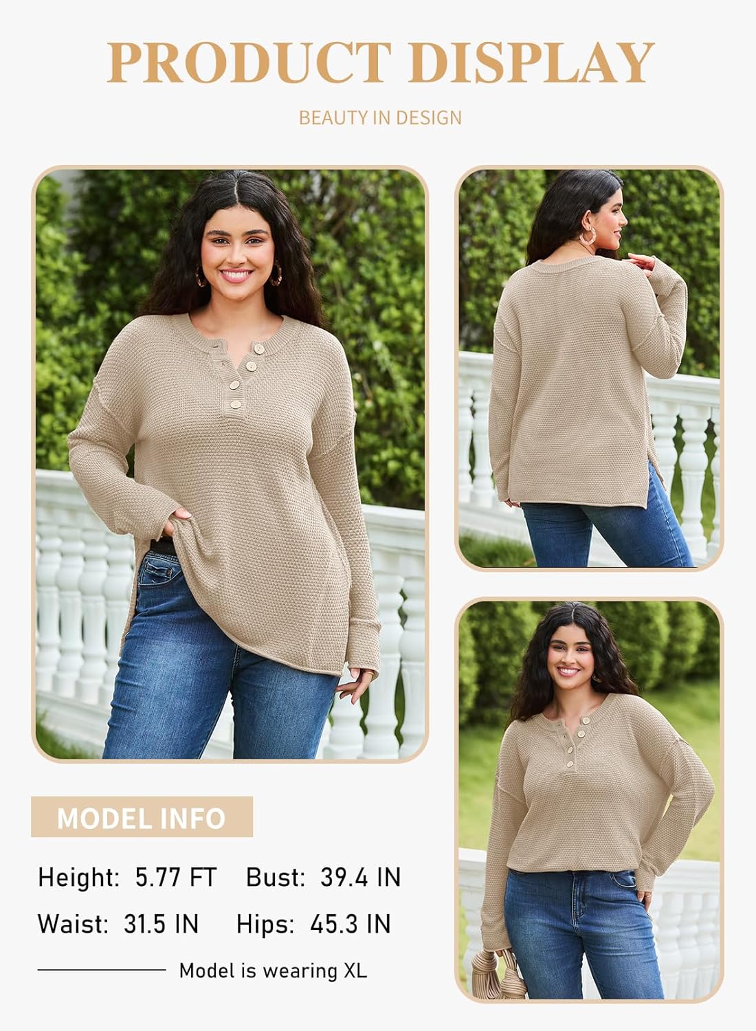 Eytino Womens Plus Size Sweaters Casual Long Sleeve Loose V Neck Button Henley Tops Pullover Knit Jumpers,(1X-5X) - Image 3
