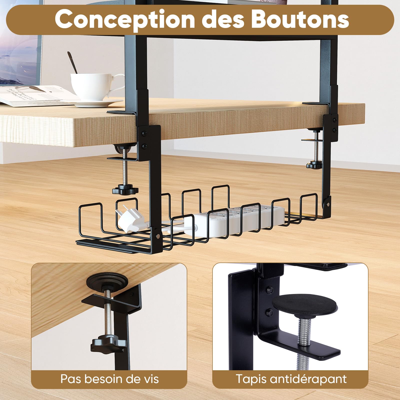 bimiti Organisateur de Bureau à Pince 2 Niveaux 17 Pouces avec Rangement Réglable pour Accessoires de Table Étagère de Bureau à Pince Installer en Haut ou en Bas，44 x 51x 17,5 cm，Marron rétro