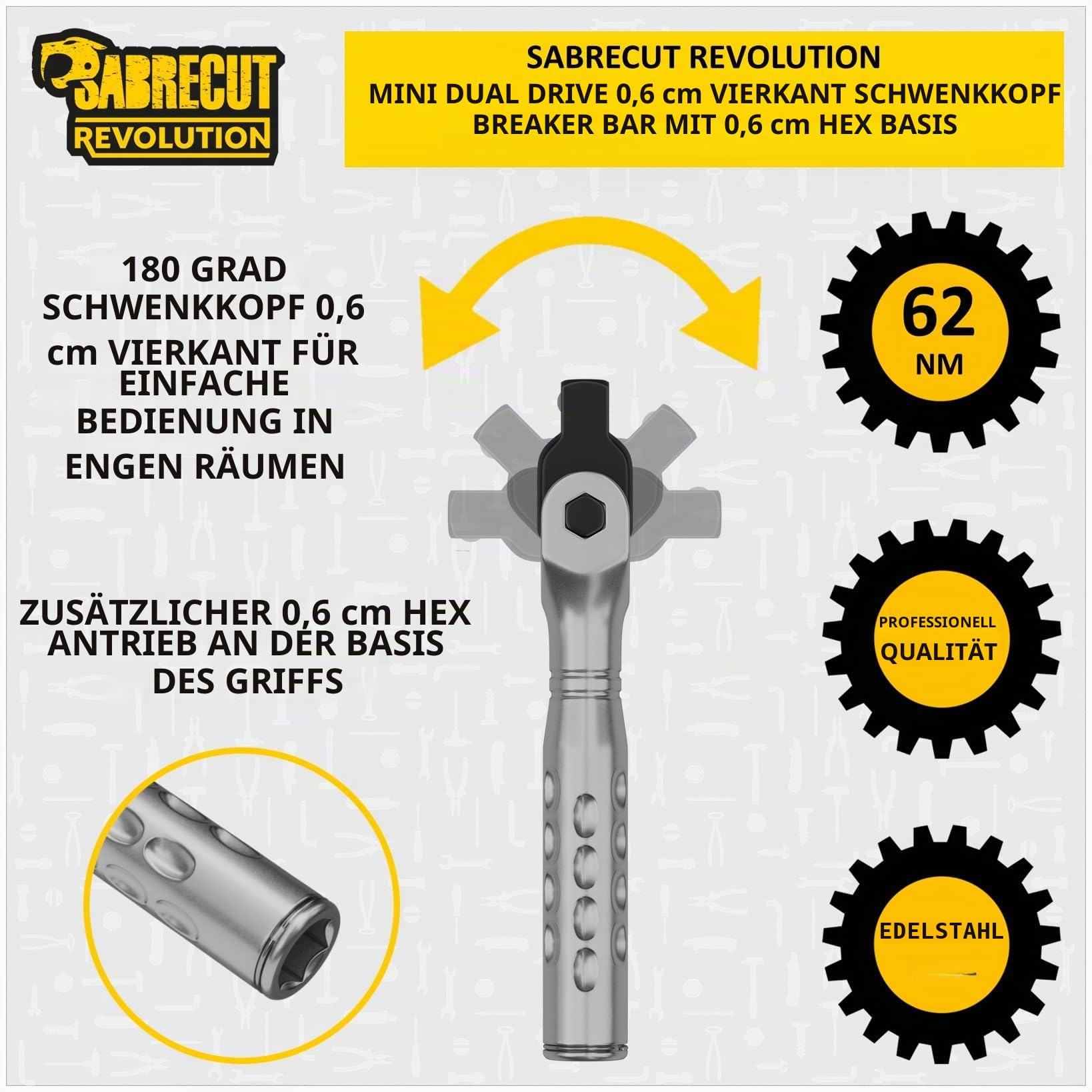 SabreCut 1 x MRSC12 Mini Dual Drive Compact 1/4" Vierkant-Drehkopf-Brecherstange mit Sechskantbasis – gerändelter, rutschfester Griff, 180-Grad-Schwenkkopf-Federverriegelungssystem