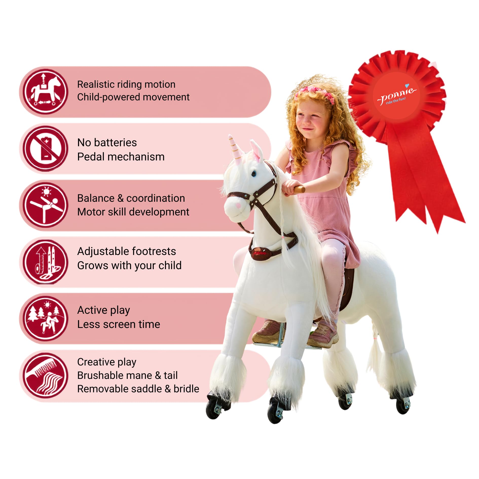 PONNIE Koń jeździecki na rolkach Unicorn M (5-12 lat), konik do zabawy konnej, ze zdejmowanym brązowym siodełkiem i uzdą, z uzdą, czesana grzywa i ogon, pluszowy koń do jazdy konnej dla dzieci