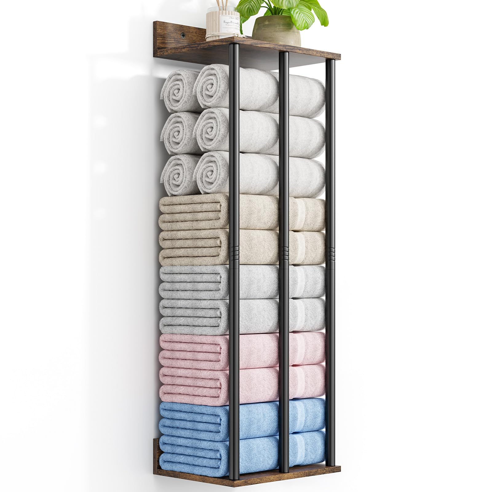 Porte-Serviettes Mural pour Salle de Bain – Support Robuste à Grande Capacité pour Serviettes Roulées et Pliées – Organisateur de Rangement Mural, Déco Salle de Bain (Rustique)