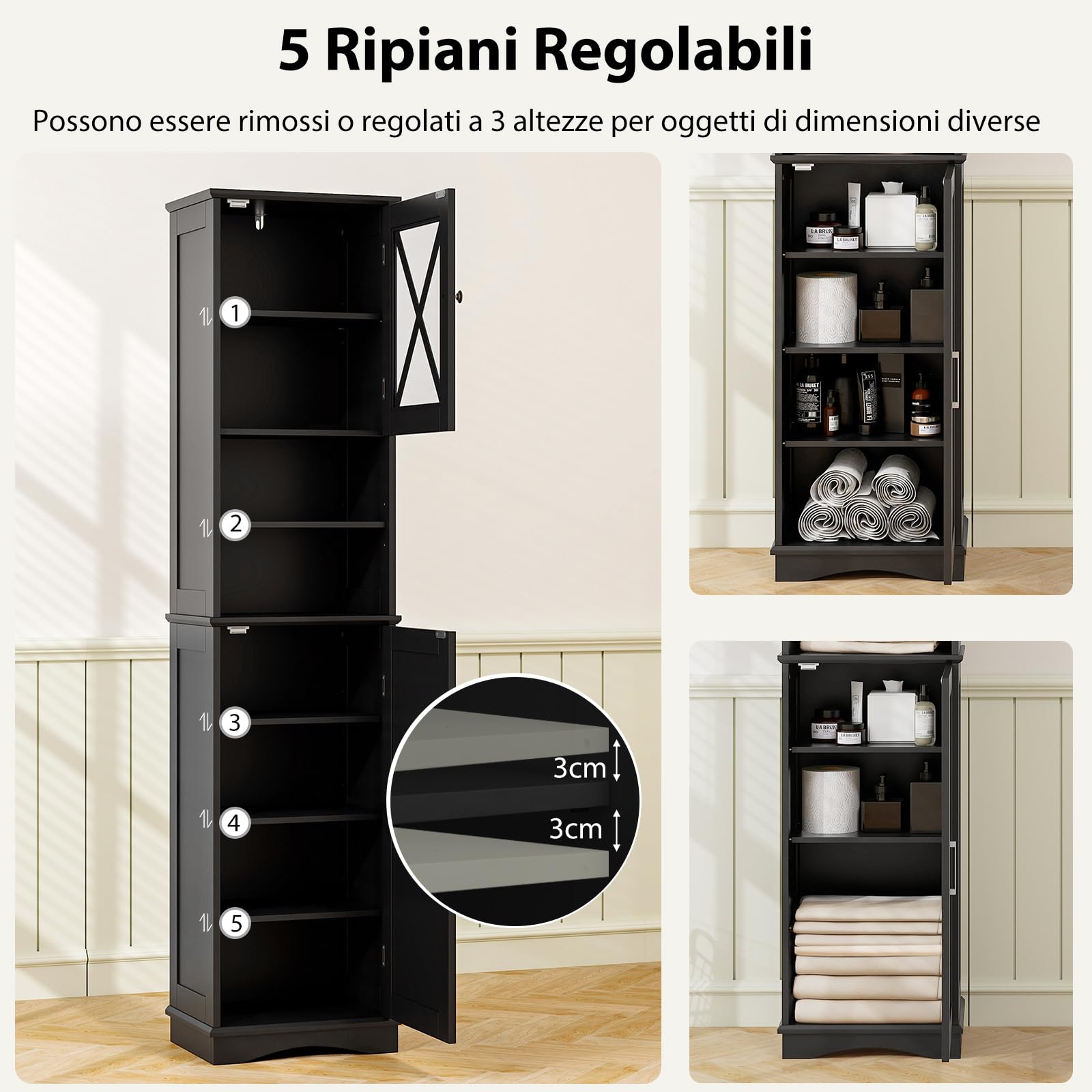 COSTWAY Mobile Bagno 40 x 30 x 170,5cm, Armadietto a Colonna Stretto e Alto con 5 Ripiani Regolabili e 2 Porte, Armadio da Terra in Legno per Soggiorno, Camera da Letto, Salotto e Cucina (Nero)