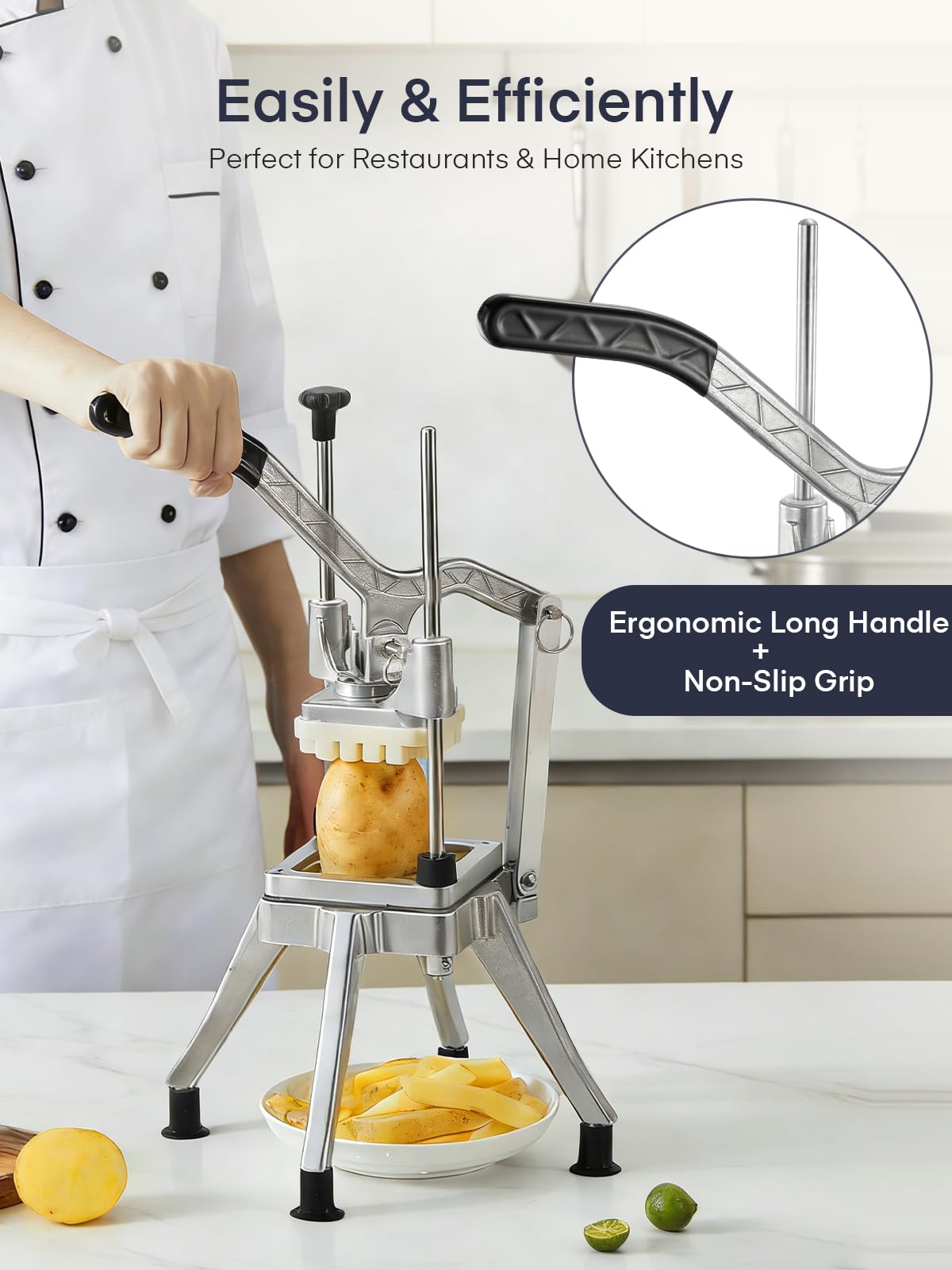FOHERE ProductoCortador de Patatas Manual Profesional de Acero Inoxidable – Utensilio de Cocina para Restaurantes – 4 Rejillas de Repuesto (13/9/6 mm) + Sacador de Manzana 6 Gajos