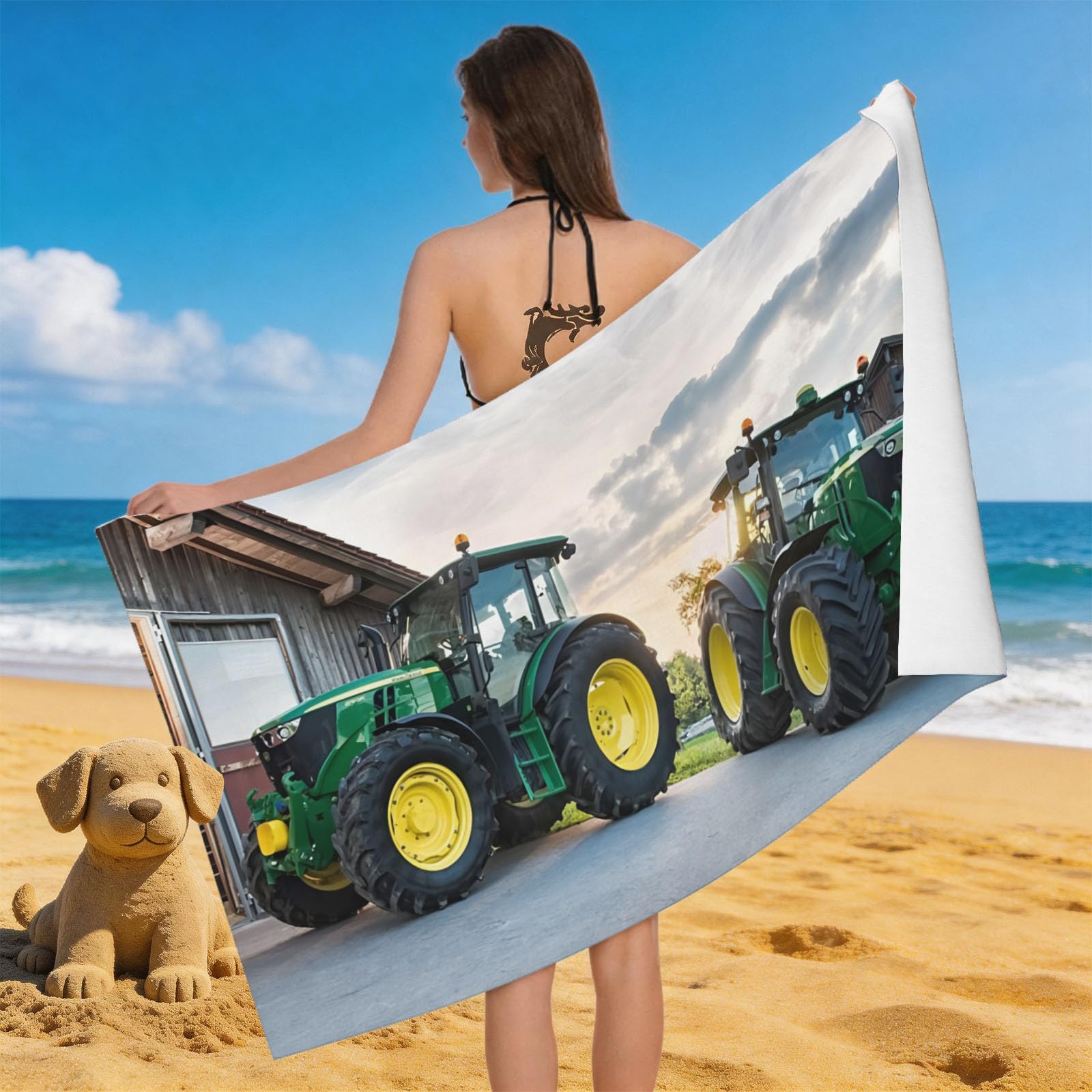 Leichong 3D Tractor Beach Towel Microfiber Soft Quick Dry for Adults, Farm Machinery Bath Towel Lightweight Soft Absorbent for Travel Swimming Pool Sports, 75 x 150 cm