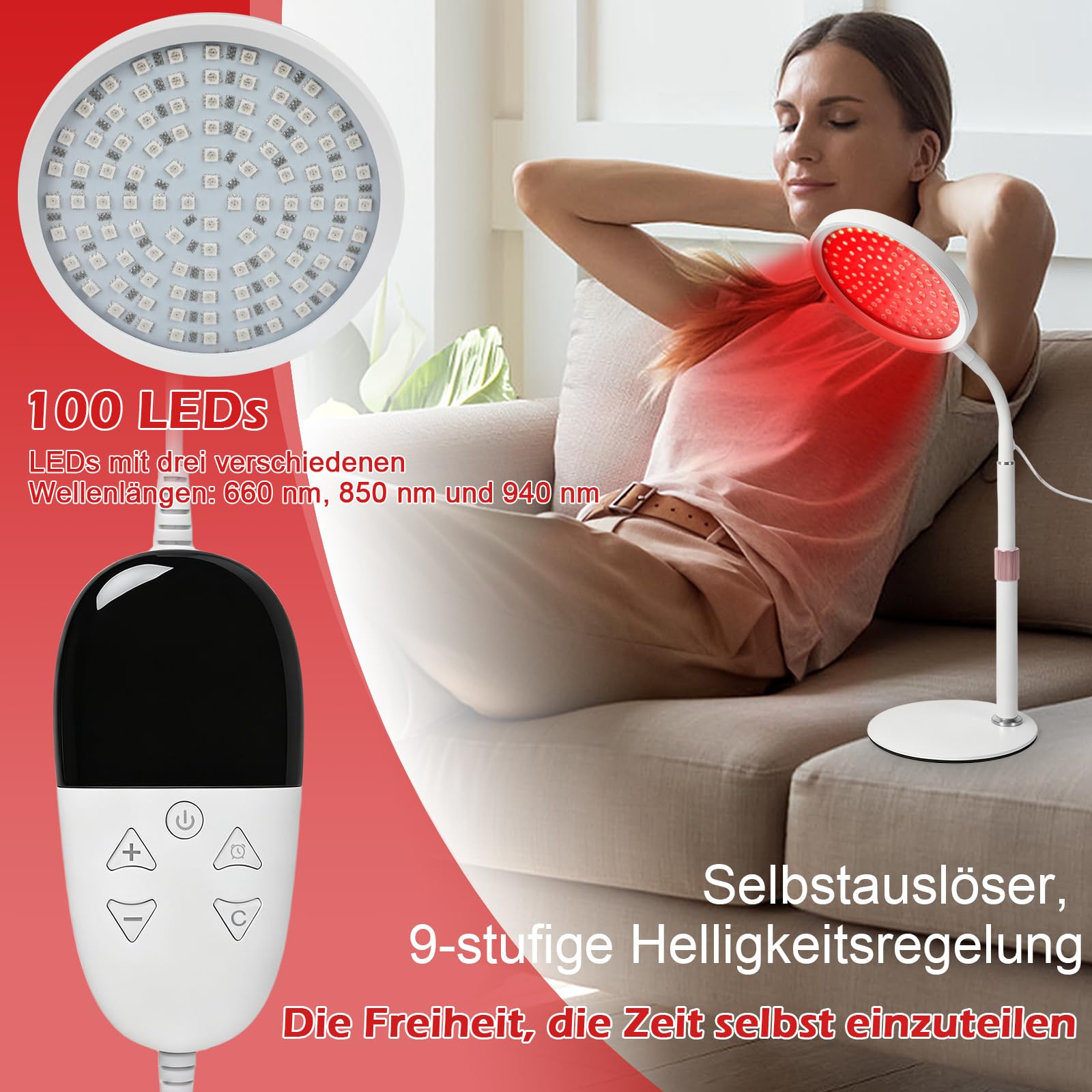Lampada da tavolo, 100 LED, chip 3 in 1, 660 nm, 850 nm, luce rossa e lampada a infrarossi, 9 livelli di luminosità, timer da 15/30/45 minuti, altezza regolabile e angolo per viso, corpo, schiena