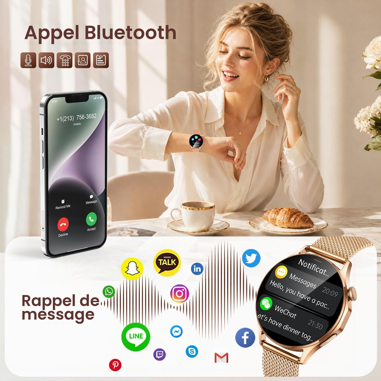 ECG Montre Connectée Femme Smartwatch: 1.32" AMOLED Écran PPG HRV IMC Acide Urique Émotions Repondre Appel Sommeil Fréquence Cardiaque SpO2 Étanche Podomètre Température Montre Sport pour Android iOS