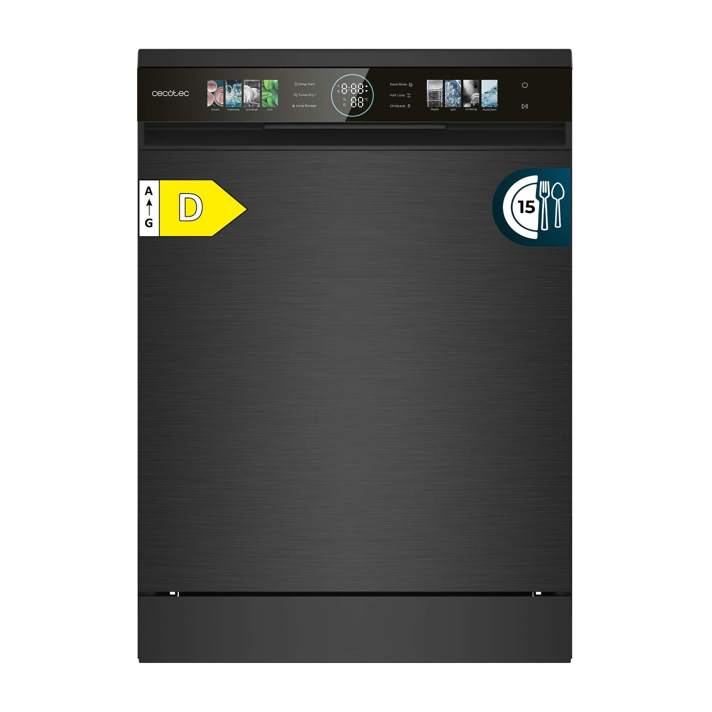 Cecotec Lavavajillas Compacto de 60 cm Bolero Aguazero 6320 Dark D, 1900W, 15 Cubiertos, 8 Programas, Pantalla FullColor XXL, Smart Wash, Turbo Dry+, AutoClean, Media Carga, Delay Start, ChildLock