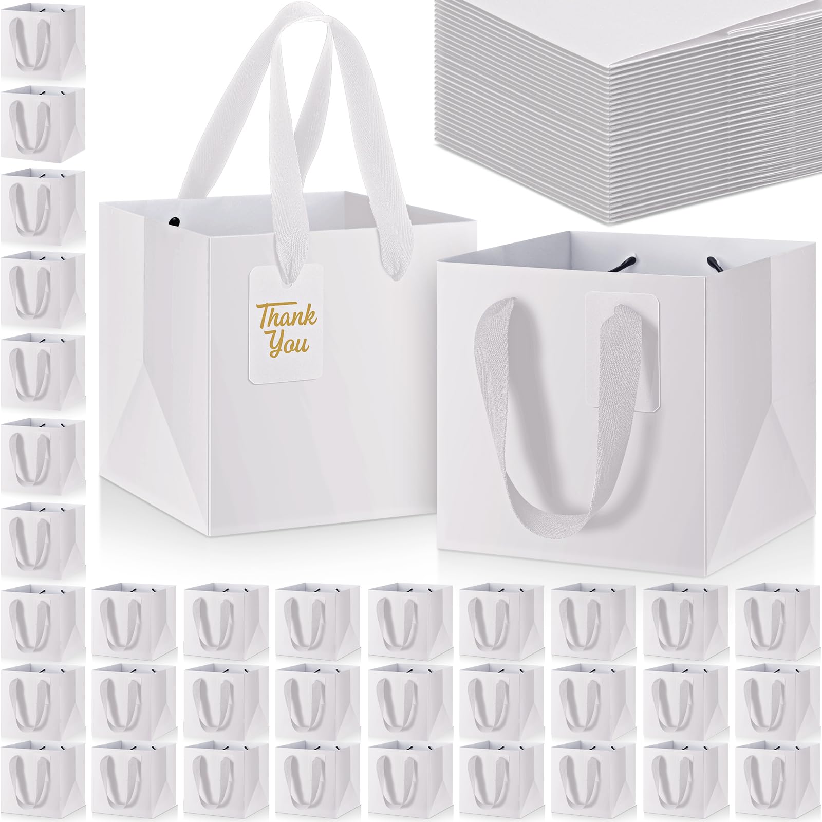 Windyun 100 Pcs Mini Paper Gift Bags with Handle 6 x 6 x 6'' Square Small Favor Bag with DIY Thank You Tag for Christmas Birthday Wedding Bridal Shower Bridesmaid Graduation Party (White)