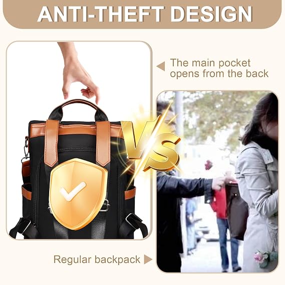 Eshow Backpack Womens Anti Theft, Ladies Rucksack Fashion, Shoulder Bag Nylon Casual, Small Daypack Handbag for Girls Daily Travel School Work Black