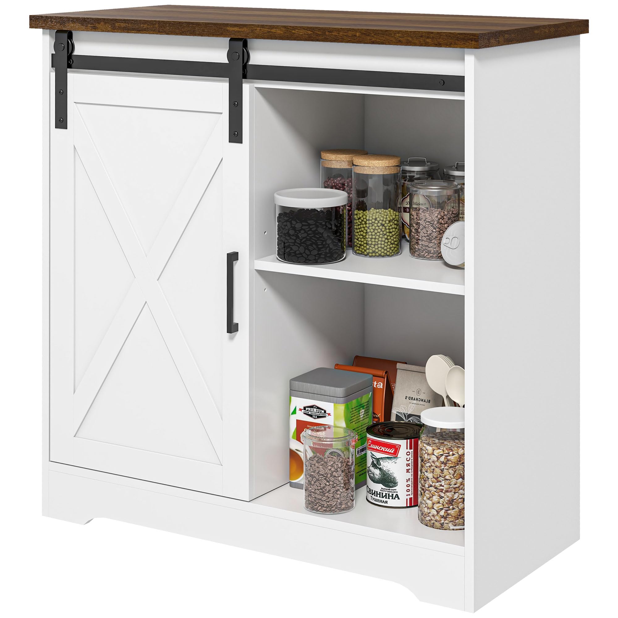 HOMCOM Farmhouse Coffee Bar Cabinet, 33" Buffet Sideboard with Sliding Barn Door and Adjustable Shelf, Kitchen Buffet Cabinet, White