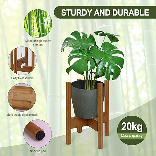 Miniatura 4 de Blvornl Paquete de 1 soporte ajustable para plantas de interior, soporte para plantas de mediados de siglo, soporte estable de bambú para macetas de