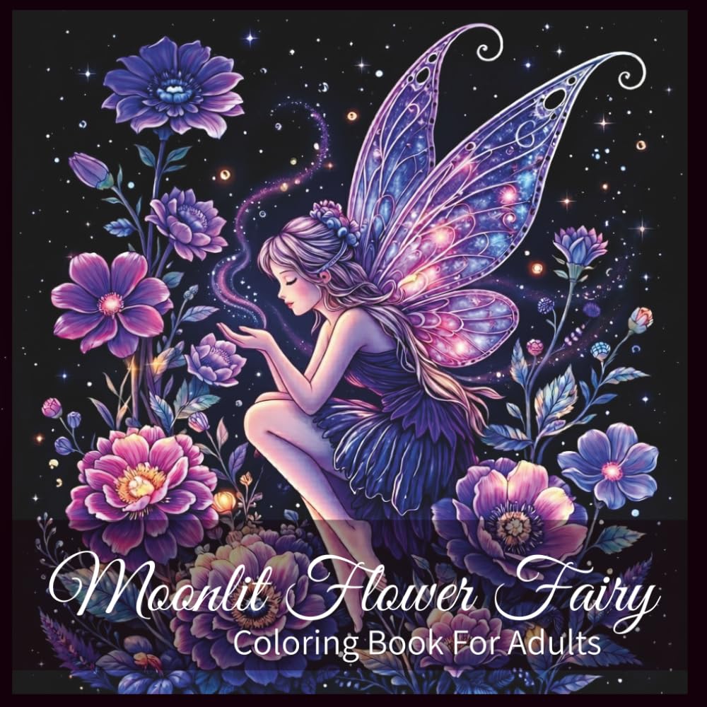 Moonlit Flower Fairy Coloring Book For Adults: Fantasy Fairies Coloring Book With Black Background, For Mindfulness And Relaxation,Flower Designs