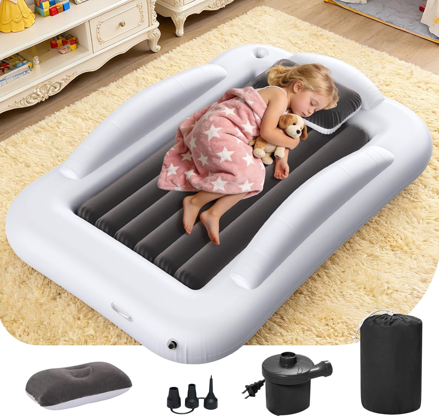 Inflatable Toddler Travel Bed - Toddler Blow Up Bed with Electrical Pump - Portable Kids Air Mattress Set with Safe Bumper, Travel Bed for Vacation Camping and Sleepover (60 Inches)
