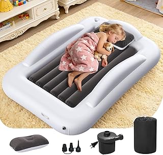 Inflatable Toddler Travel Bed - Toddler Blow Up Bed with Electrical Pump - Portable Kids Air Mattress Set with Safe Bumper, Travel Bed for Vacation Camping and Sleepover (60 Inches)