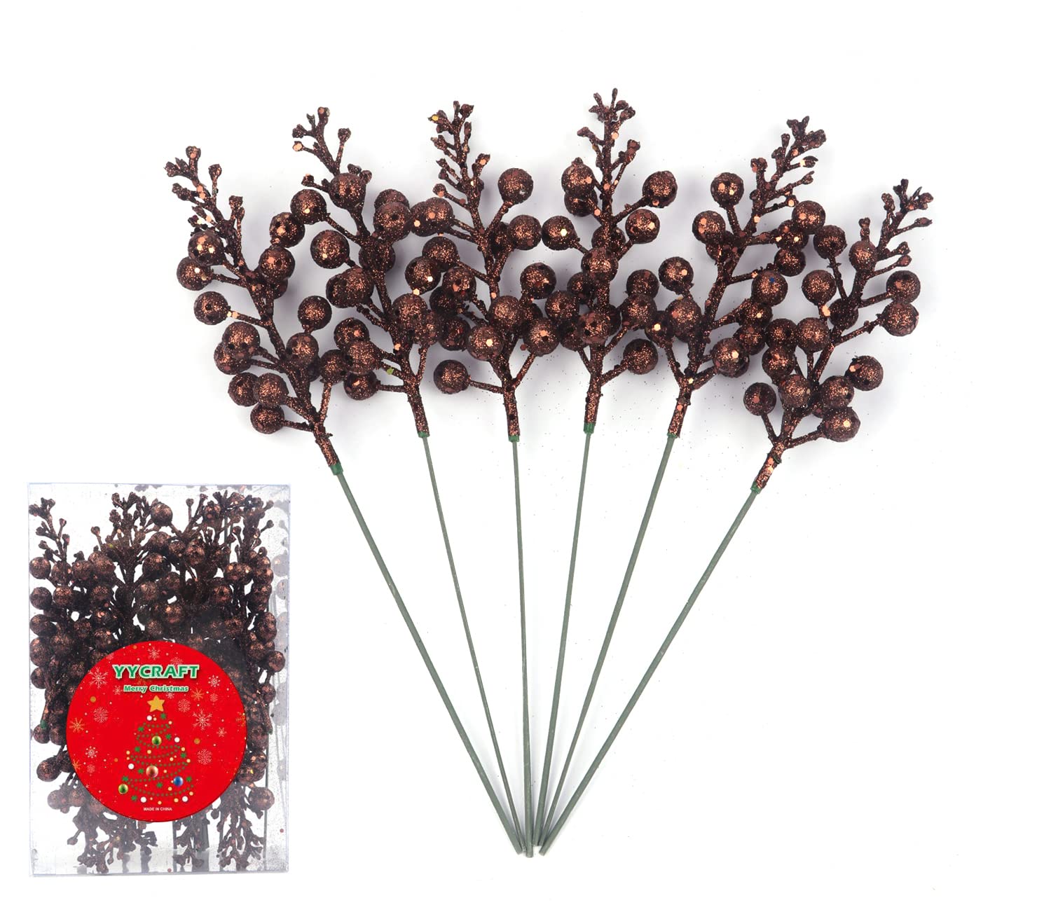 YYCRAFTGlitter Berries Stems, Artificial Berries Picks for Christmas Tree Ornaments, DIY Xmas Wreath, Crafts, Holiday and Home Decor(16 Pack, Brown)