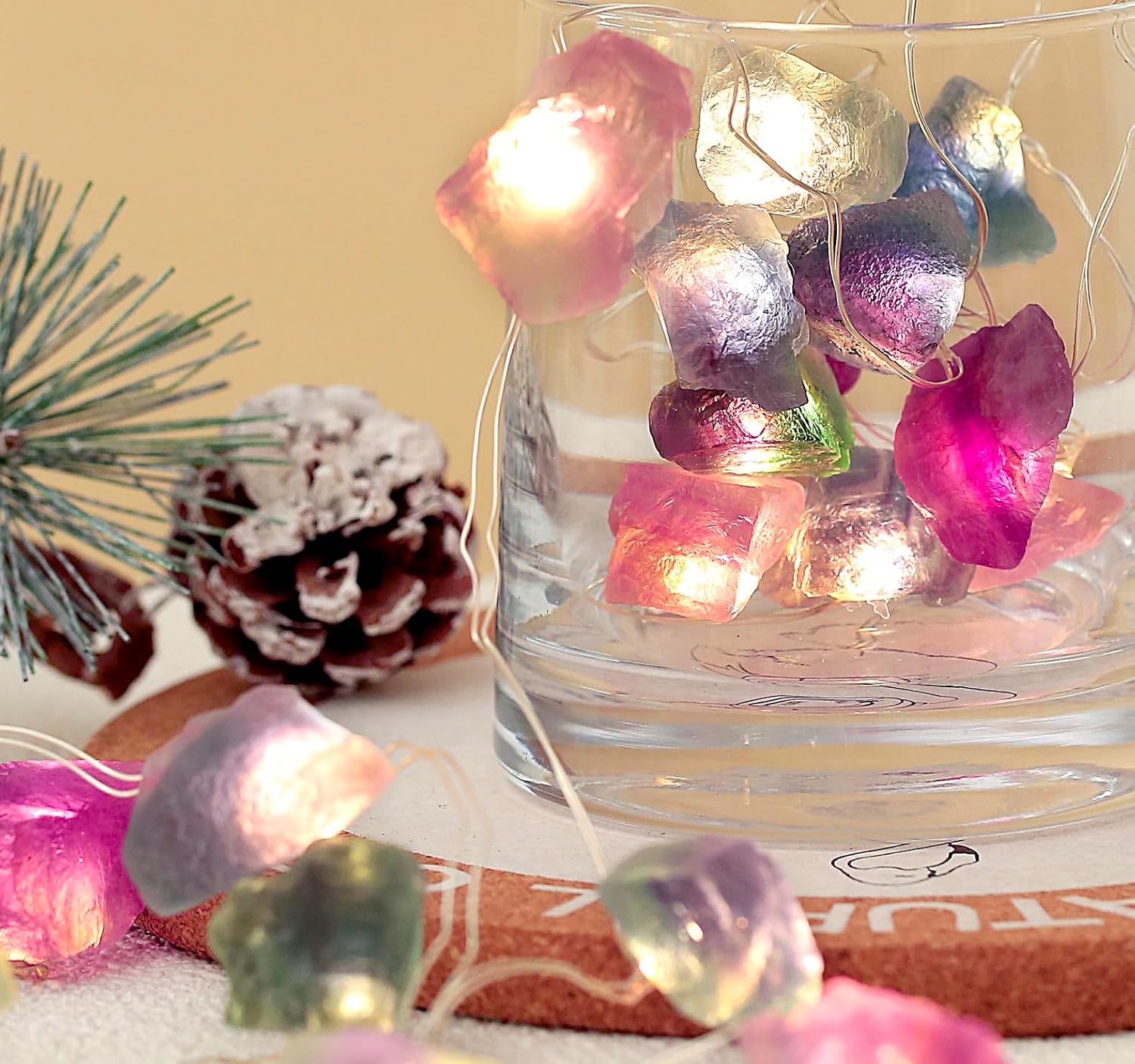 20 LED Multicolor Natural Fluorite Crystal String Lights - 6.5ft USB/Battery Operated with Remote Control & Timer for Bedroom Indoor Wedding Party Christmas Decor