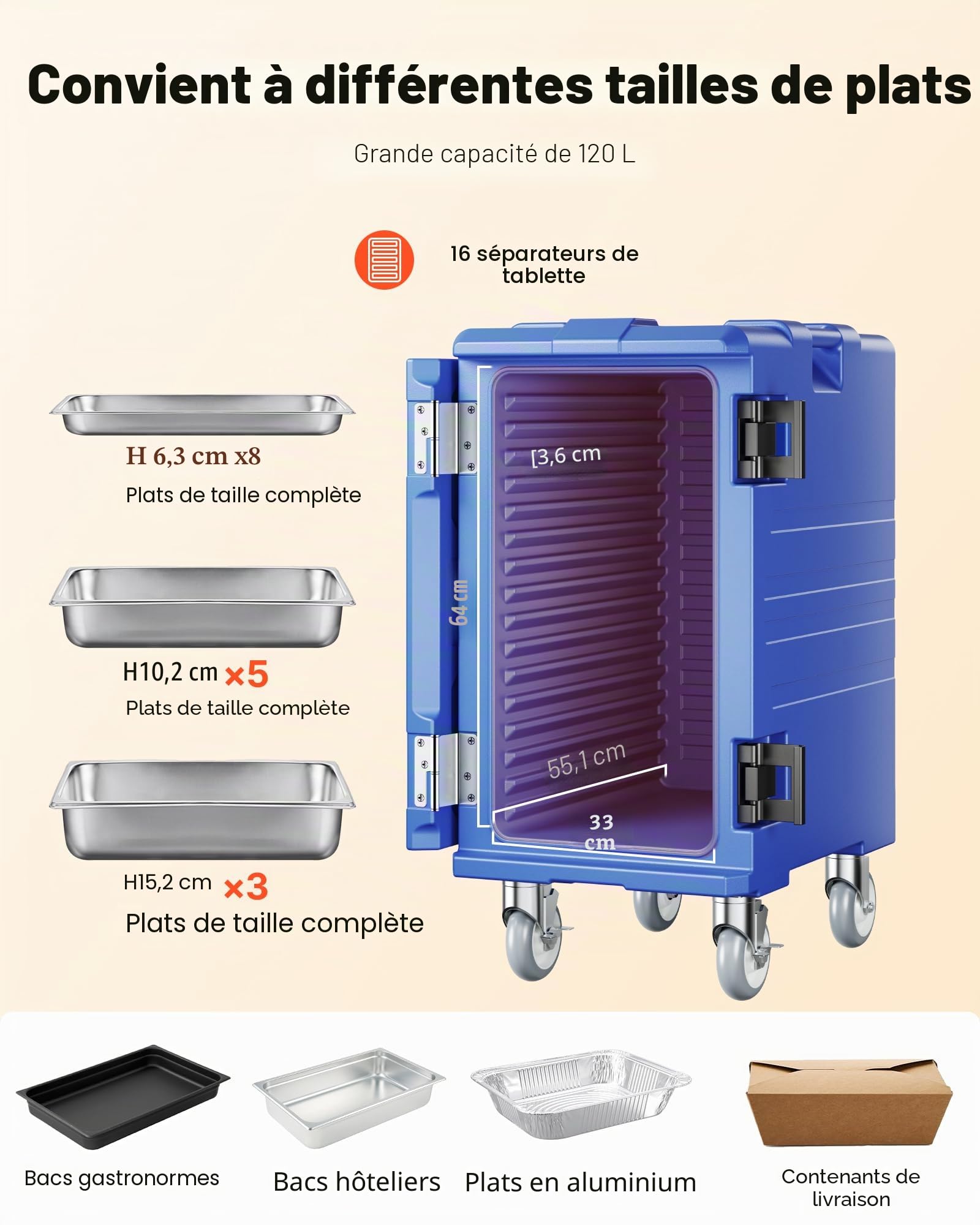 VEVOR Conteneur Isotherme pour Bac Gastronorme 120 L, Boîte de Transport Alimentaire Empilable, Chargement Frontal, Double Boucle, Poignées et Roulettes, Porte-plateaux pour Restauration Cantine, Bleu