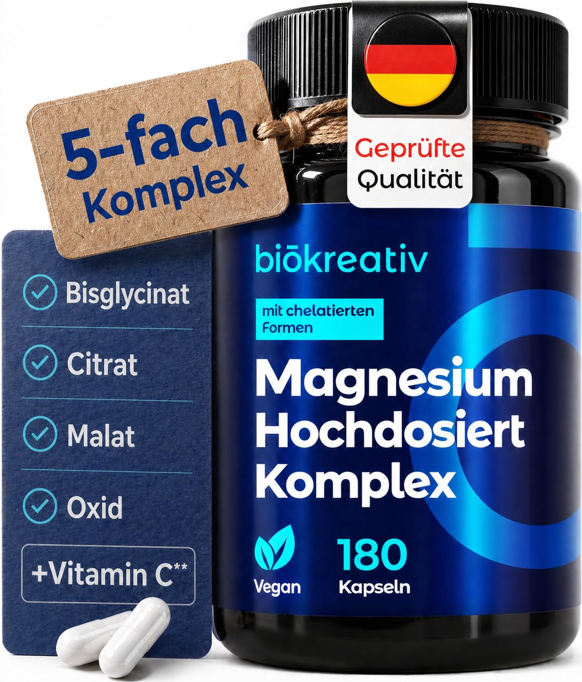 Biōkreativ Magnesium Komplex Hochdosiert - 400 mg pro Tag - 180 Magnesium Kapseln mit 5 Formen - Bisglycinat, Oxid, Citrat, Malat, L-ascorbat für Vitamin C - Laborgeprüft - Vegan - 3‑Monats‑Vorrat