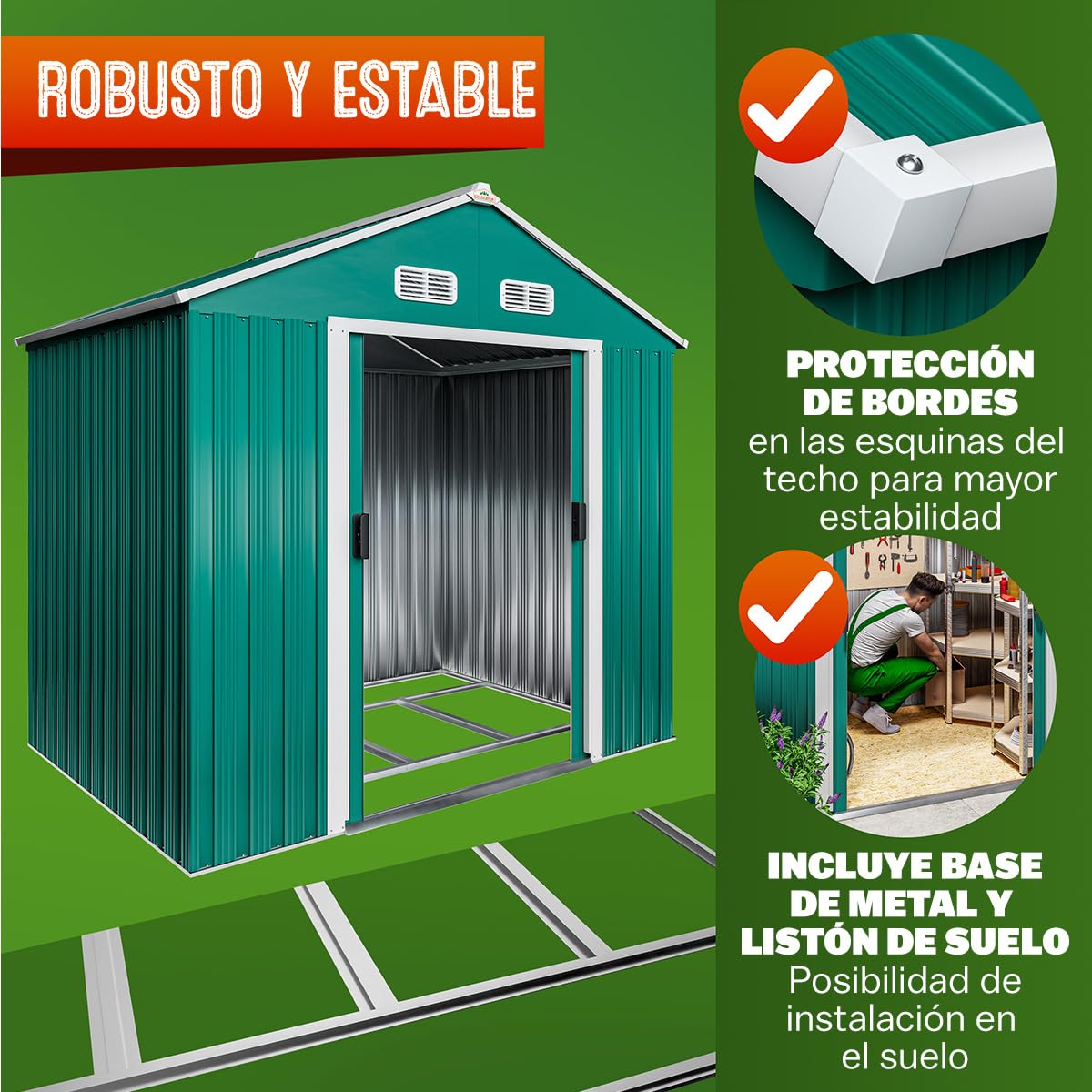 GARDEBRUK® Cobertizo de Jardín Exterior con Base 2m² Caseta Acero Galvanizado 200x135x190cm XL Puerta Corredera Techo Dos Aguas Ventilación Resistente Intemperie Almacenamiento Orden 4 Ganchos Verde