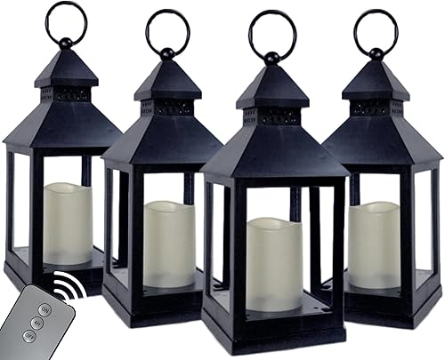 Faroles decorativos Juego de 12 Temporizador de 4 horas Control remoto Linternas negras de 11 pulgadas de alto con velas sin llama incluidas