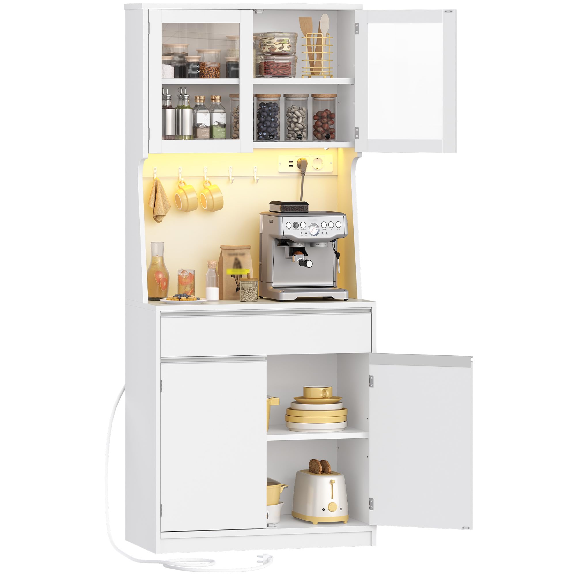 Hzuaneri Aparador Cocina, Armario de Cocina, Armario de Almacenamiento, con Regleta de Enchufes y Tira de Luz LED, Encimera y 4 Armarios de Almacenaje, Estantes Regulables, 40x75x180cm, Blanco