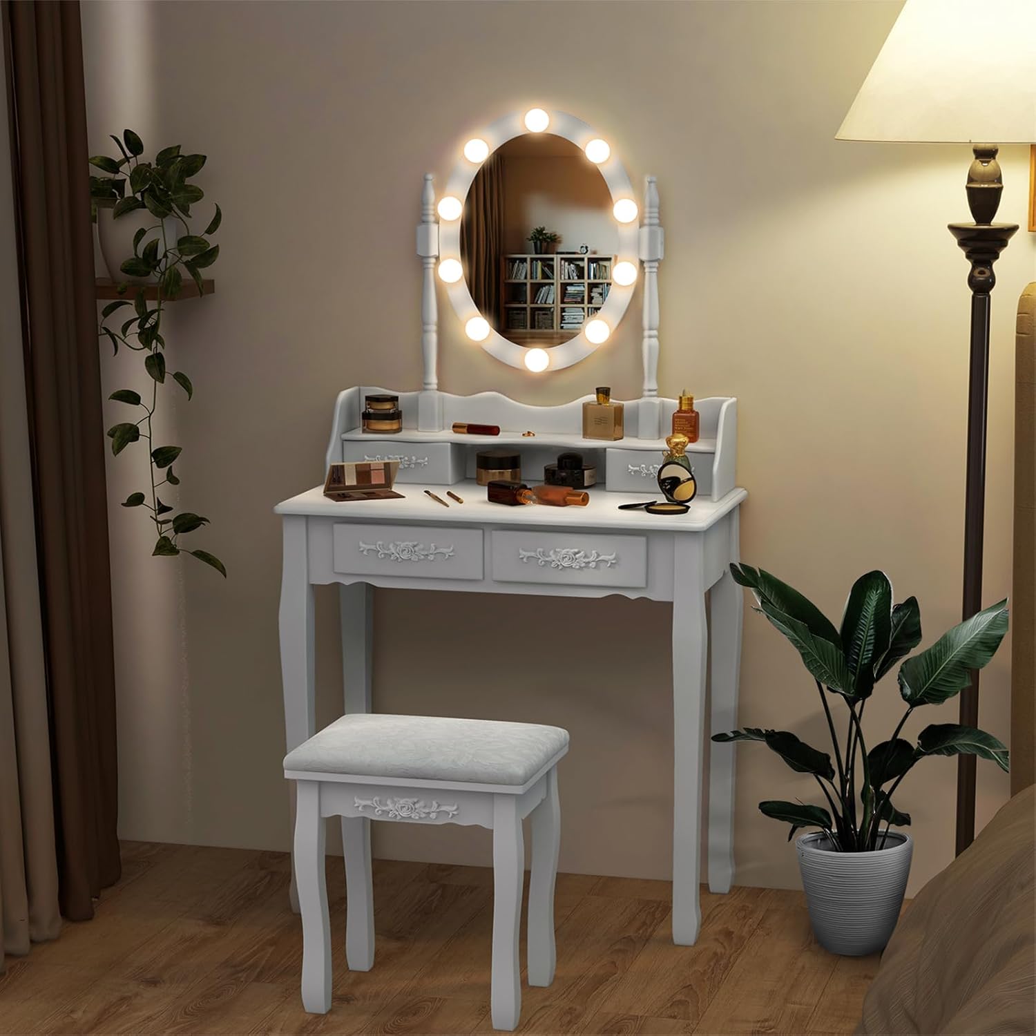 CHARMAID Girls Vanity Table with Lighted Mirror and Stool, 10 Dimmable LED Lights, 3 Color Lighting Modes, 4 Drawers, Rose-Shaped Handle, Bedroom Dressing Makeup Vanity Desk Set (White)