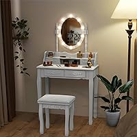 Vista 39 de CHARMAID Mesa de tocador para niñas con espejo iluminado y taburete, 10 luces LED regulables, 3 modos de iluminación de color, 4 cajones, mango