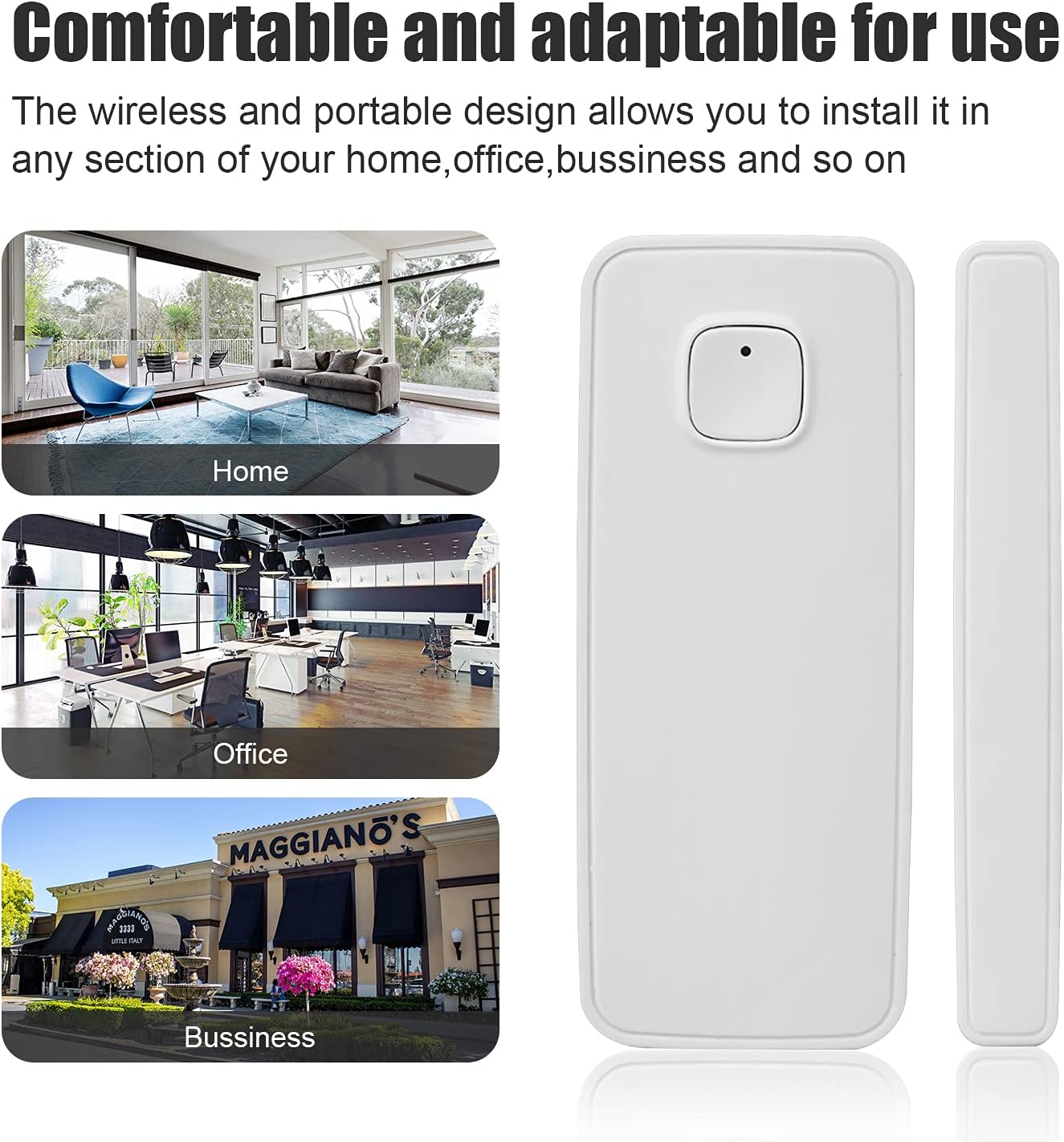 AGSHOME WiFi Door/Window Sensor shown with examples of home, office, and business environments where it can be installed.