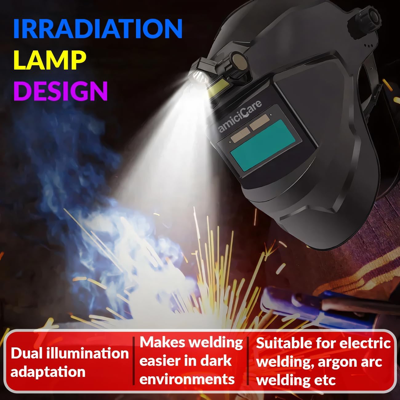amiciCare Solar-Powered Auto-Darkening Welding Helmet, Automatic Dimming Facemask for Welding & Grinding with Rechargeable Torch for Day and Night Work 2