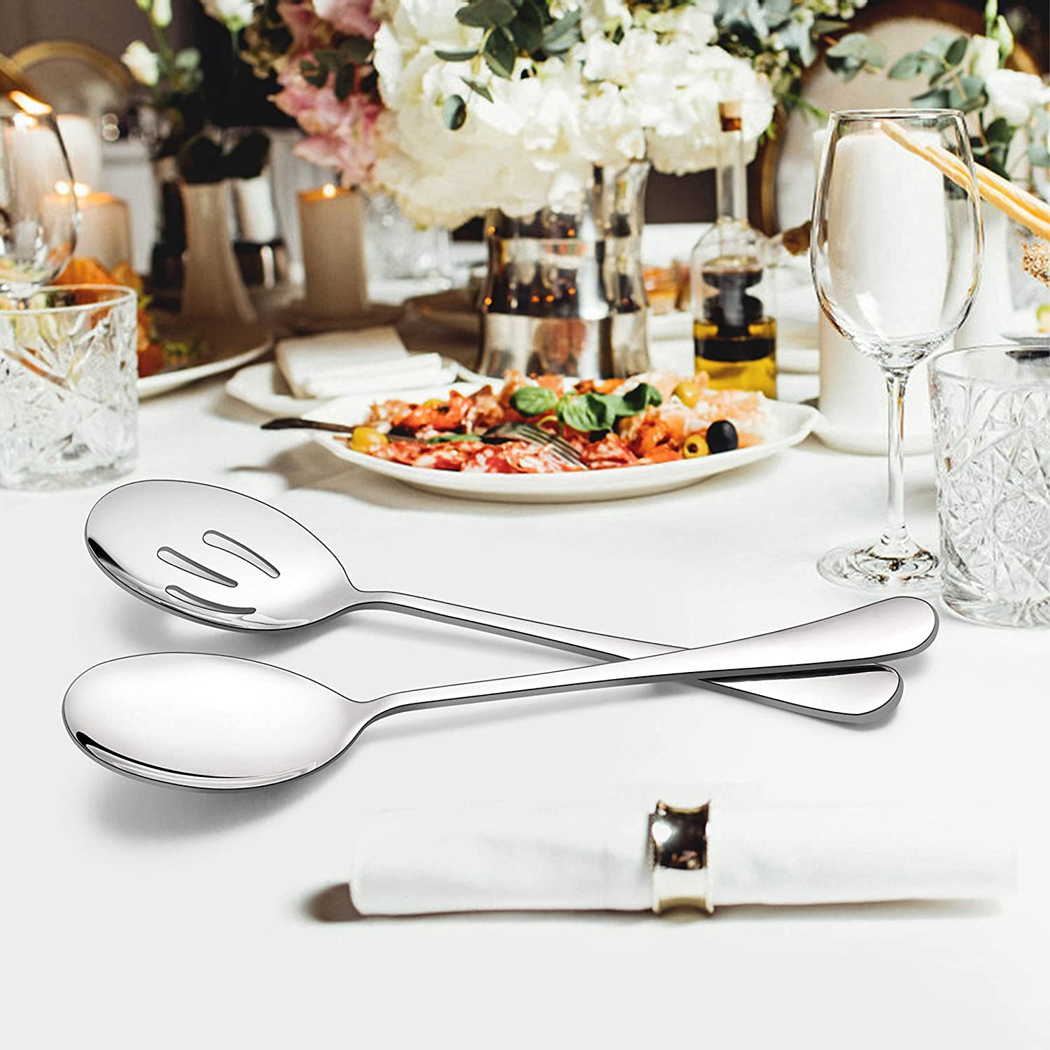 Set da 8 cucchiai da portata grandi, 4 cucchiai da portata grandi, 4 cucchiai da portata scanalati, in acciaio inox per cene a buffet e ristorante, 20,5 cm (argento)