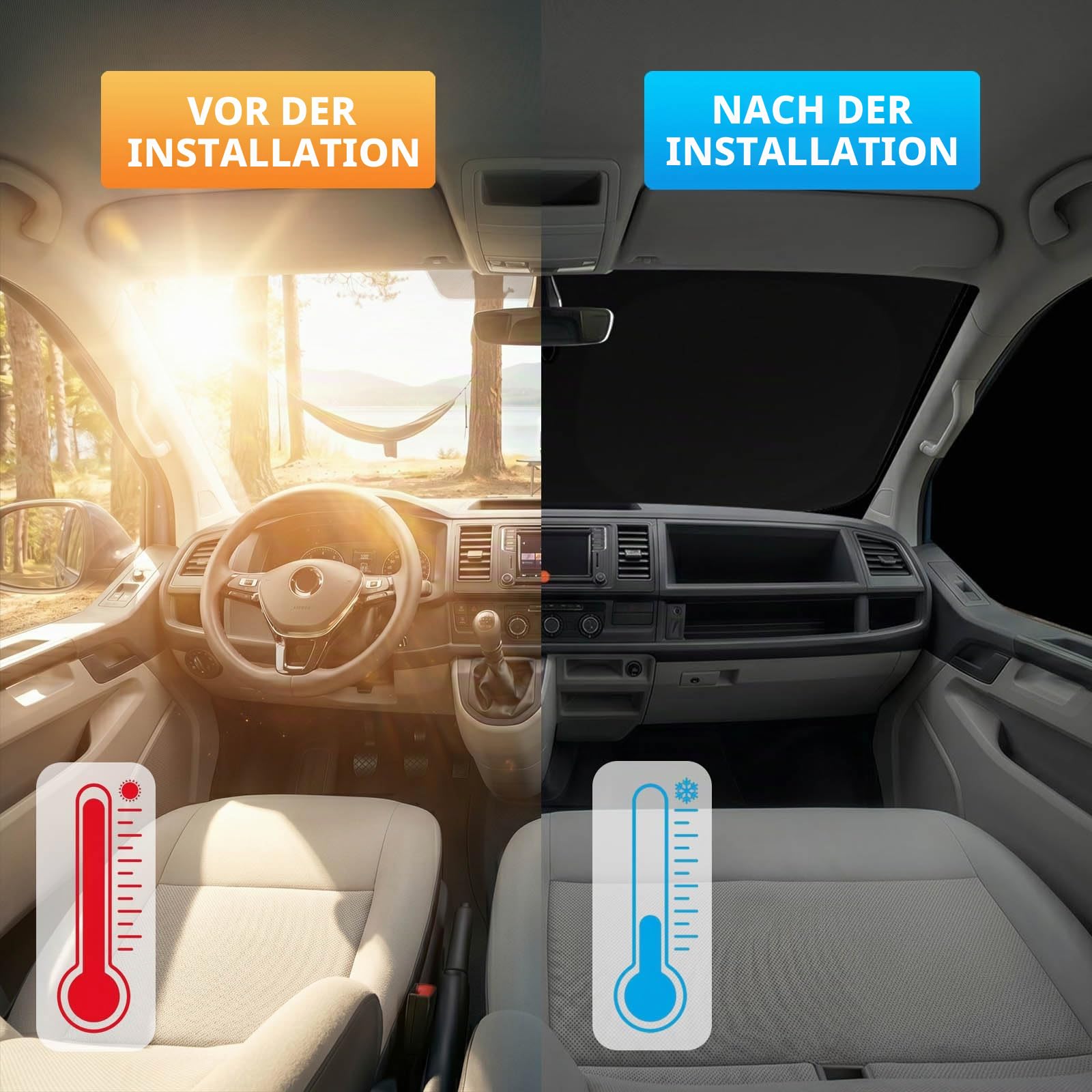 3er Set Auto Sonnenschutz Innen für VW New Transporter (2024-2026) & Ford Transit Custom (ab 2023) | Sonnenschutz Frontscheibe innen faltbar & magnetische Seitenscheiben | Thermomatte Verdunkelung