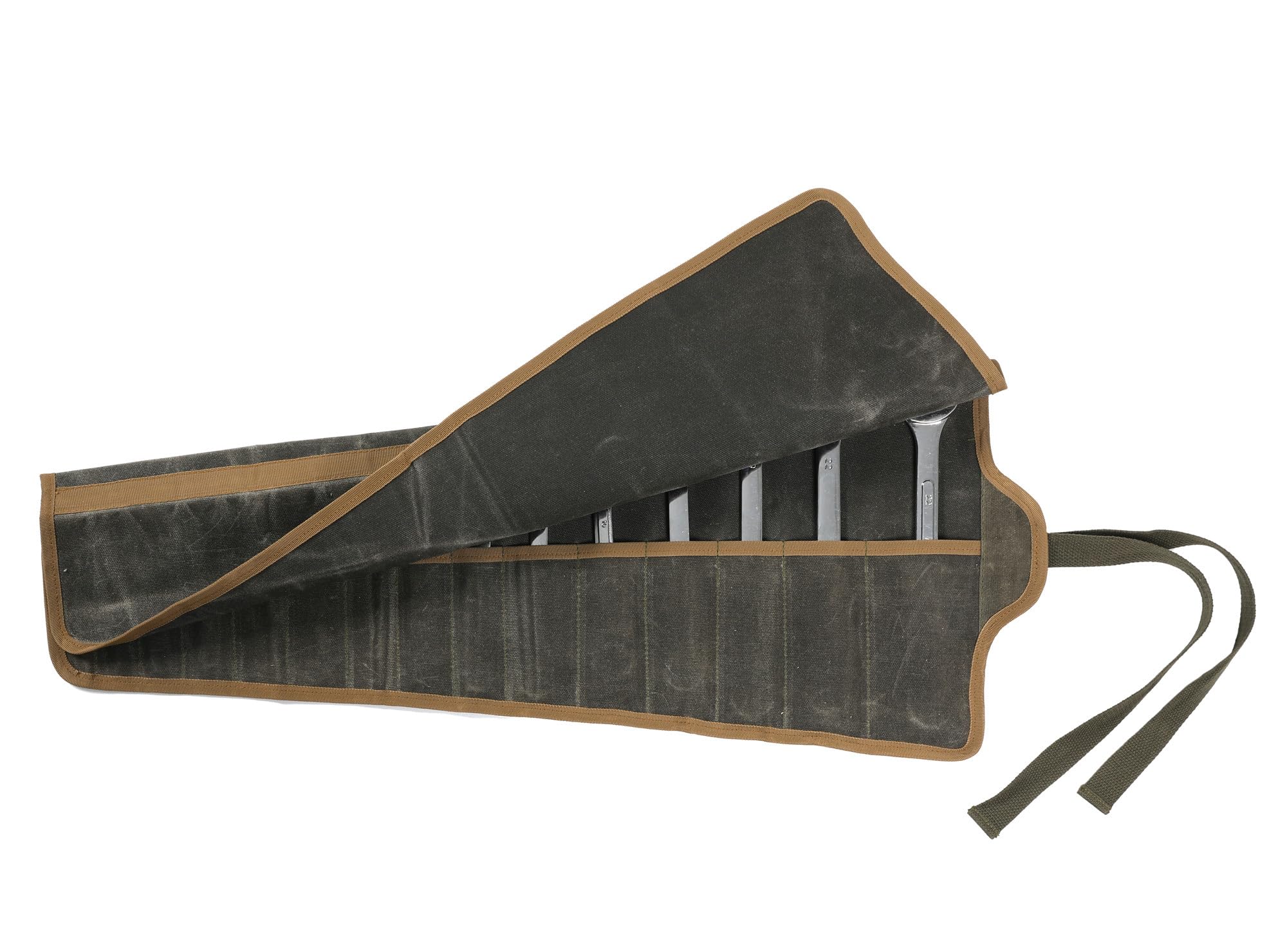 Tool Roll, Heavy Duty 16oz Waxed Canvas Wrench Roll Up Pouch, Multi-Purpose Tool Organize Bag with Straps (26.5" X 12.5", ArmyGreen)