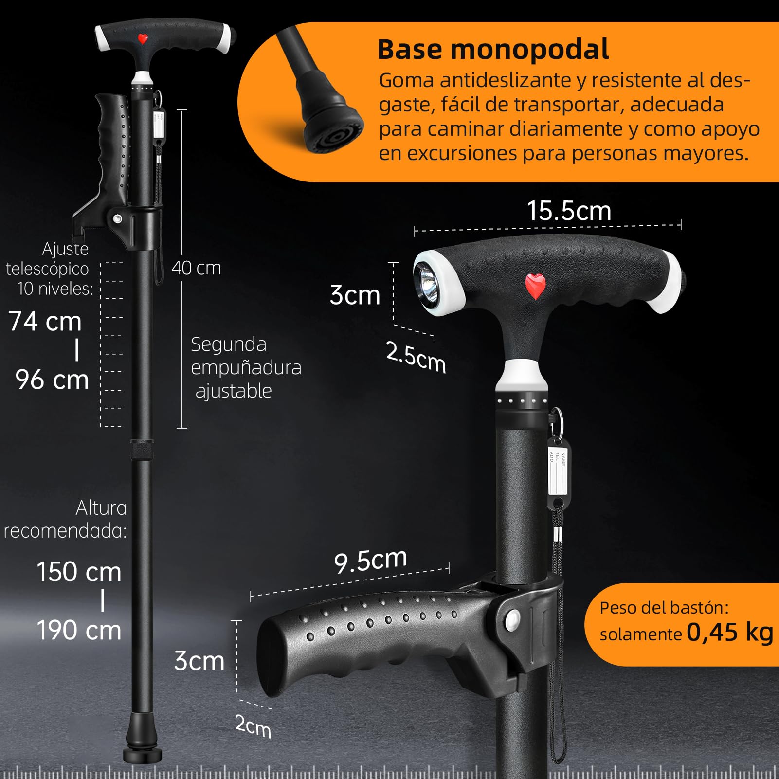 Bastón ajustable para hombre y mujer, con doble mango, ajustable, con luz LED, para personas mayores y personas con diferentes tipos de artritis