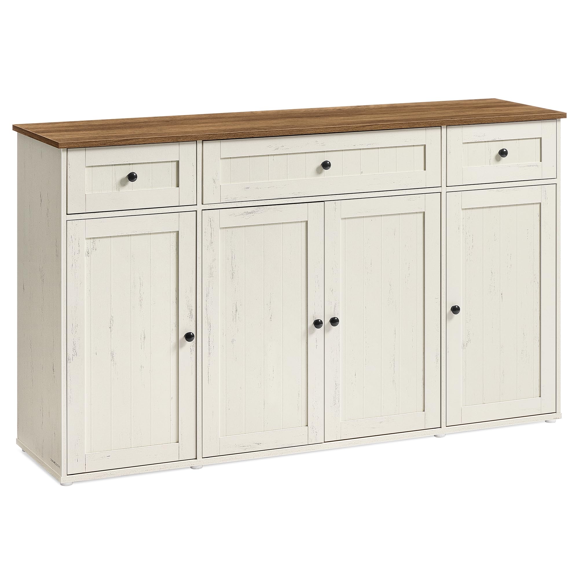SONGMICS HOME Buffet, Assemblage Ultra-Rapide sans Outils Toolless, Meuble de Rangement de Cuisine avec Plan de Travail, Étagères Réglables, Blanc Rustique et Marron Miel BBK376WJ02