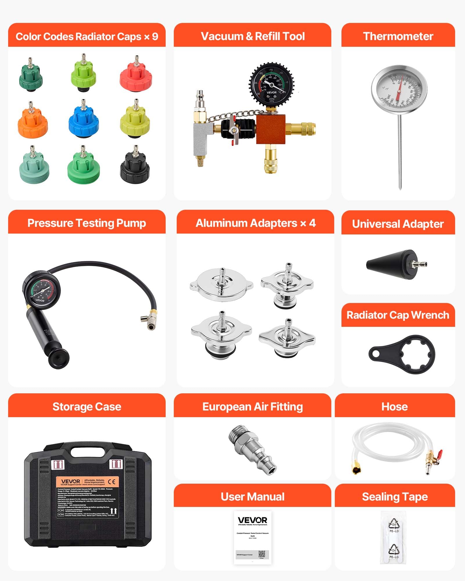 VEVOR Kit Testeur de Pression du Système de Refroidissement Automobile 28PCs, Kit de Recharge sous Vide de Radiateur avec 4 Adaptateurs, Pompe de Pression et Remplisseur en Alliage d'Aluminium