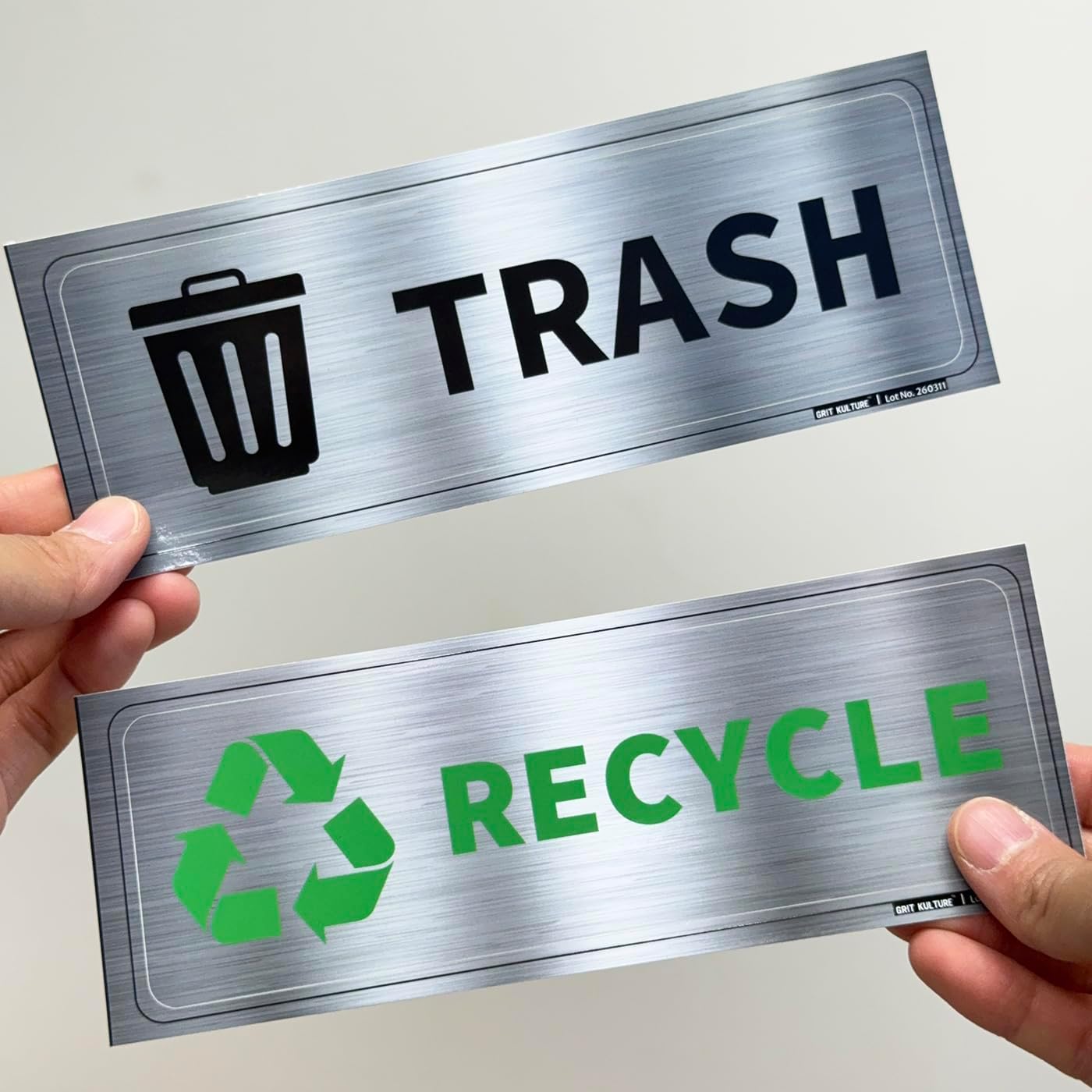 GRITKULTURE Premium Trash & Recycling Stickers for Bins – 2 Pack Metallic Look Printed Labels (Not Real Metal) – Clear Waste Sorting Decals for Kitchen, Office & Garage – Waterproof Vinyl, Easy Peel & Removable(1) image 5
