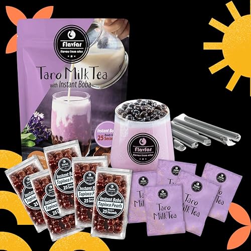 Miniatura 3 de Flavfar Té de leche Taro con perlas de tapioca instantáneas auténtico kit de té de burbujas de leche Taro y bajo en calorías Boba de azúcar morena -