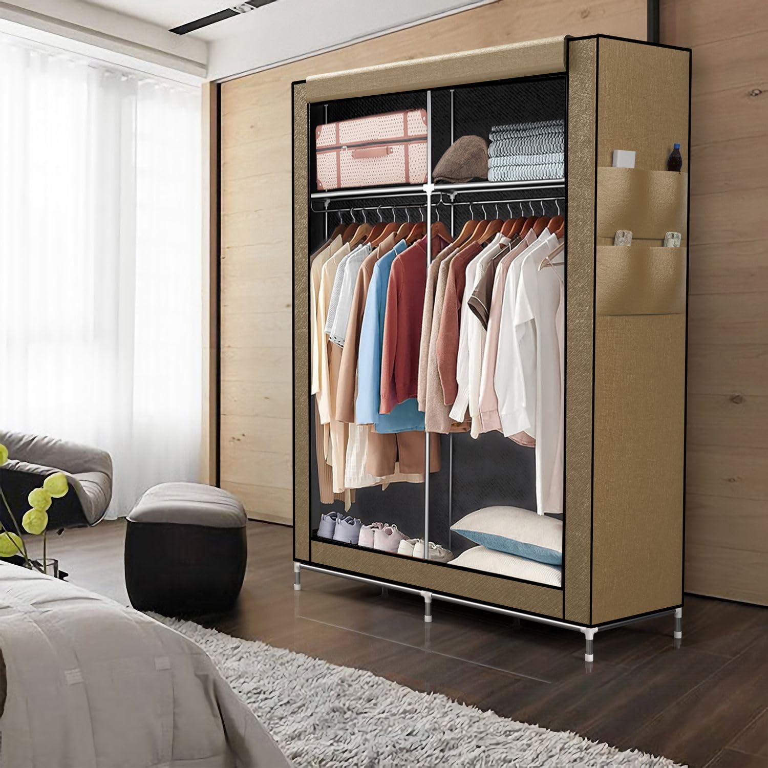 INTIRILIFE Armadio pieghevole 108x170x45 cm in CRÈME BEIGE - Armadio in tessuto con cerniera e asta appendiabiti, tasca laterale e scomparti - Ripiano a innesto, struttura in metallo
