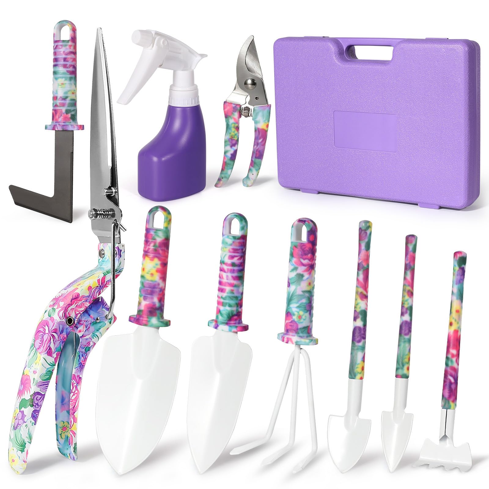 Regali di giardinaggio per donne per mamma, moglie, nonna, 10 pezzi forniture da giardinaggio con custodia portatile, strumenti da giardino con stampa floreale, manico ergonomico cazzuola rastrello