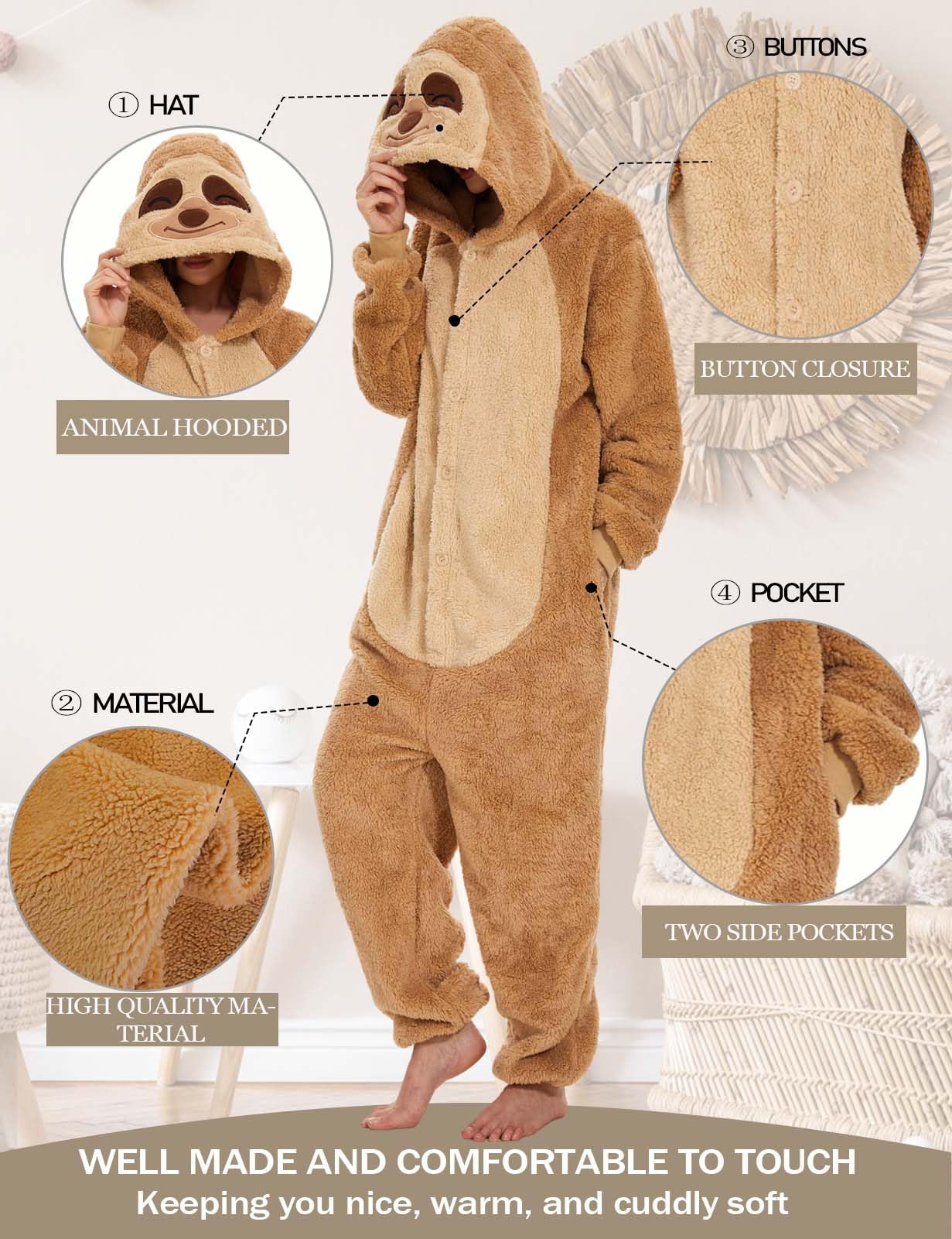 Tuta Donna Invernale Peluche Gigante Animali Pigiama Unisex con Cappuccio Tuta Donna Completa Adatto Come Costume Carnevale o Pigiami Natalizi Famiglia