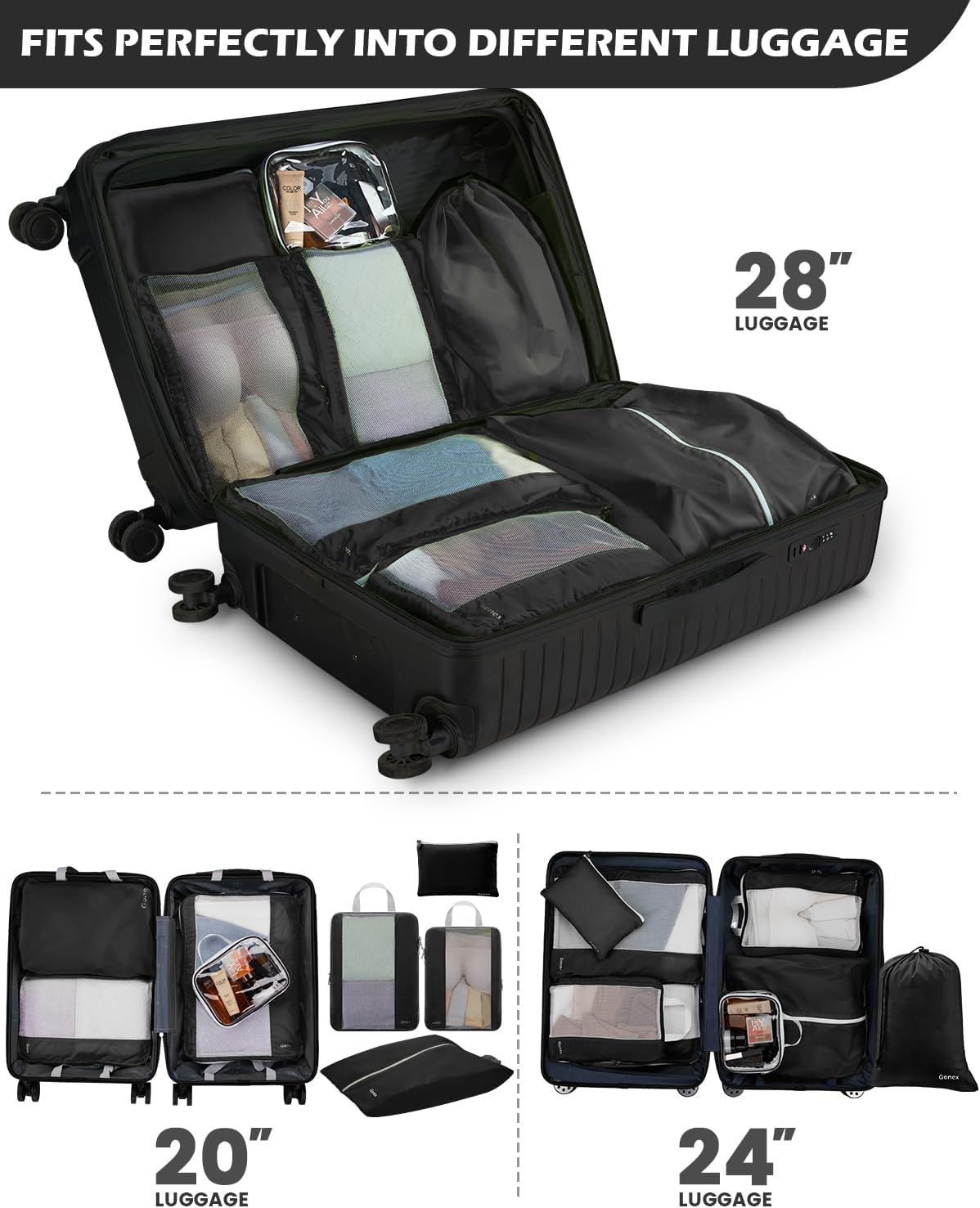 Gonex Expandable Mesh Packing Cubes - 8 Set Compression Organizer for Travel Essentials with Toiletry, Laundry, Shoe & Cable Bags - Black - Image 7