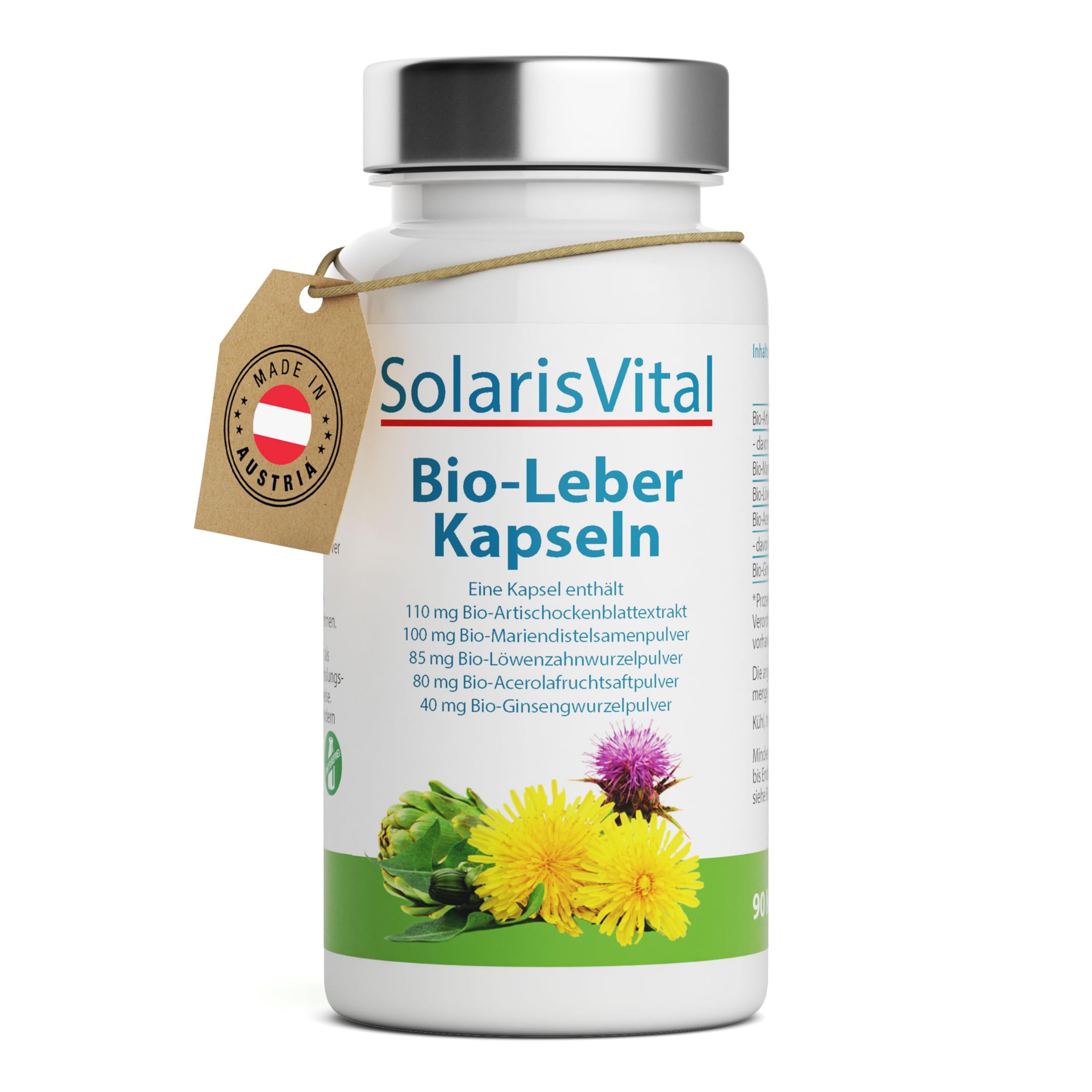 SolarisVital Leber Kapseln in Bioqualität 90 Stück - Kombination mit Artischocke, Mariendistel & Löwenzahn - Sinnvoll abgerundet mit Ginseng & Vitamin C - Produziert in Deutschland