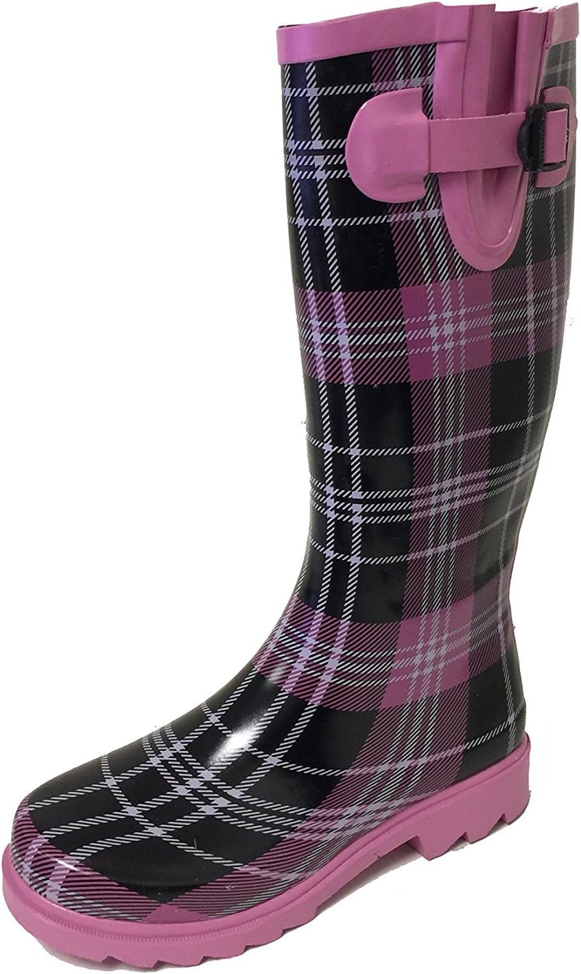G4U Women's Rain Boots Multiple Styles Color Mid Calf Buckle Fashion Rubber Knee High Snow Shoes (9 B(M) US, Pink/Black Plaid)
