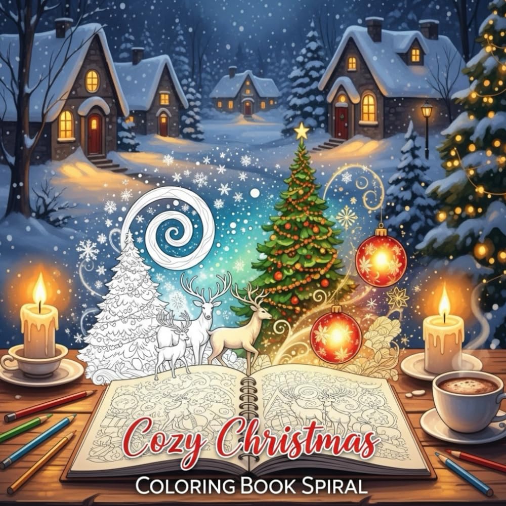 Cozy Christmas Coloring Book Spiral: Fun Holiday Coloring Pages for Kids, Adults, Nostalgic Easy Holiday Themed Designs for Baby Boomers