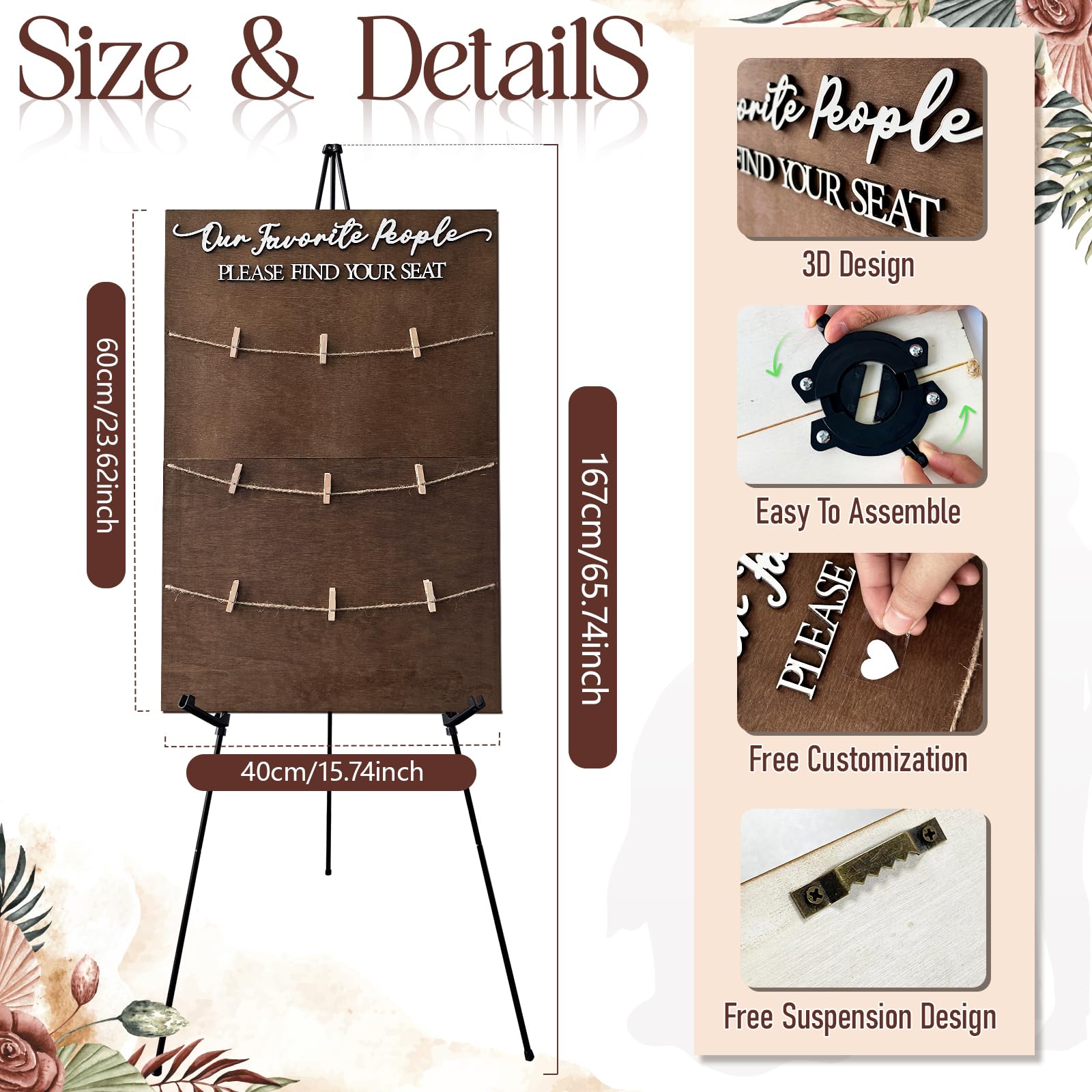 OurWarm Sitztafel aus Holz für Hochzeitsempfang, 60 x 40 cm | Sitztafel aus Holz, rustikales Design mit Holzklammern und Juteschnur für Hochzeiten, Babypartys